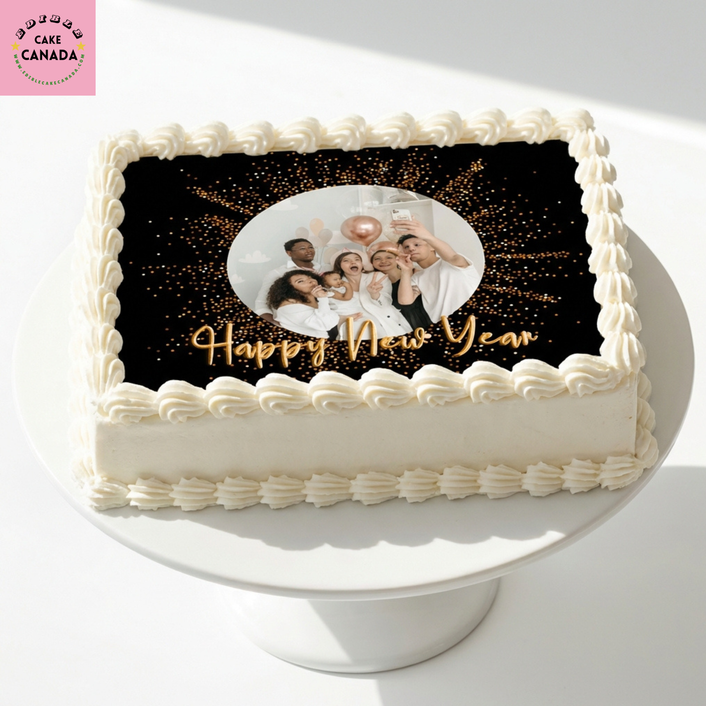 Custom photo edible icing cake topper with black and gold birthday celebration design  

Personalized edible cake topper with photo and text processed in Canada  

Black and gold sparkle celebration edible icing cake topper for custom party cakes  

Custom photo and text cake topper for birthdays anniversaries and celebrations in Canada