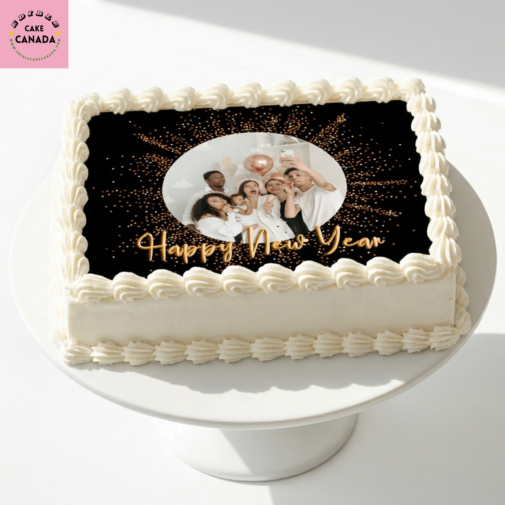 Custom photo edible icing cake topper with black and gold birthday celebration design  

Personalized edible cake topper with photo and text processed in Canada  

Black and gold sparkle celebration edible icing cake topper for custom party cakes  

Custom photo and text cake topper for birthdays anniversaries and celebrations in Canada