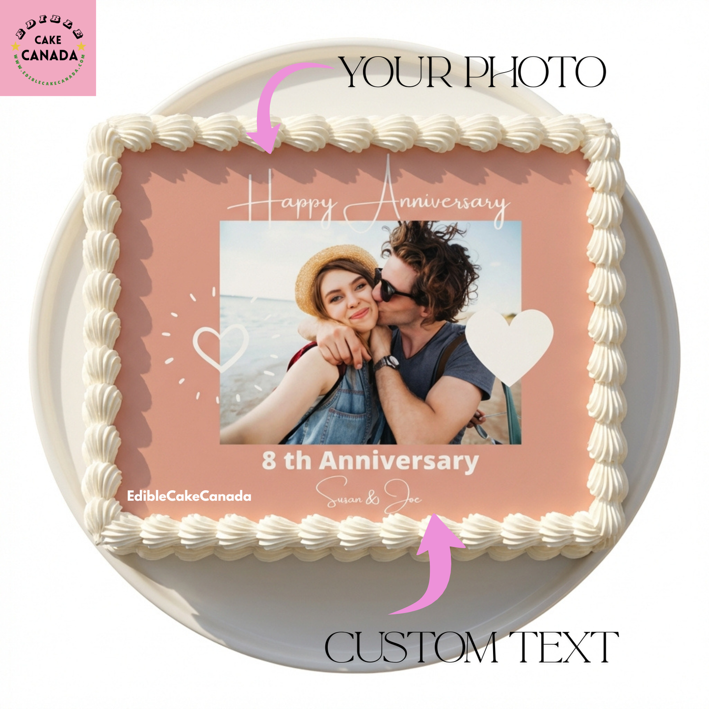 Personalized Pink Heart Couple Photo Edible Icing Cake Topper with Custom Text – Anniversary, Wedding & Boyfriend/Girlfriend Celebration
