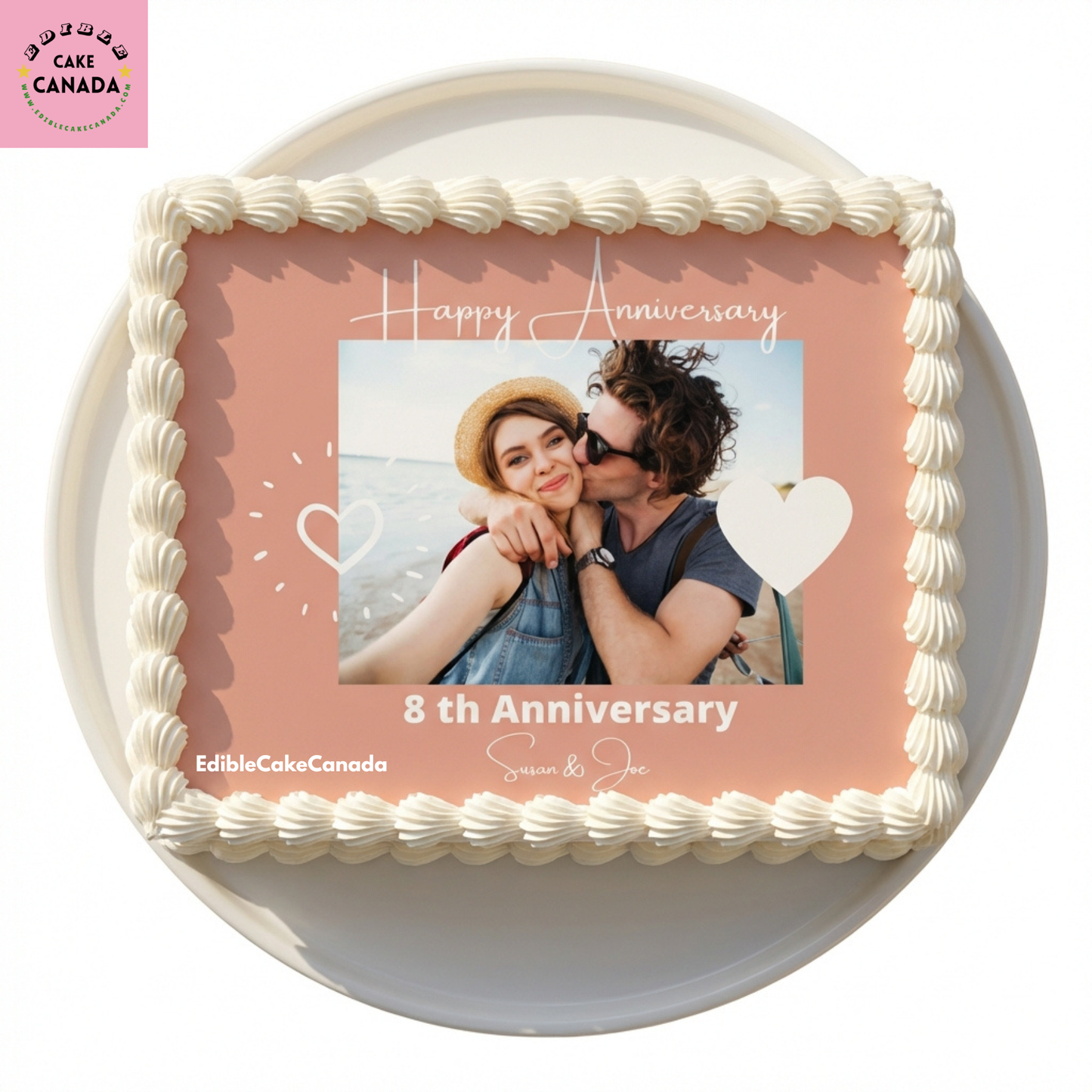 Personalized pink heart couple photo edible icing cake topper with custom text for anniversary and wedding cakes in Canada