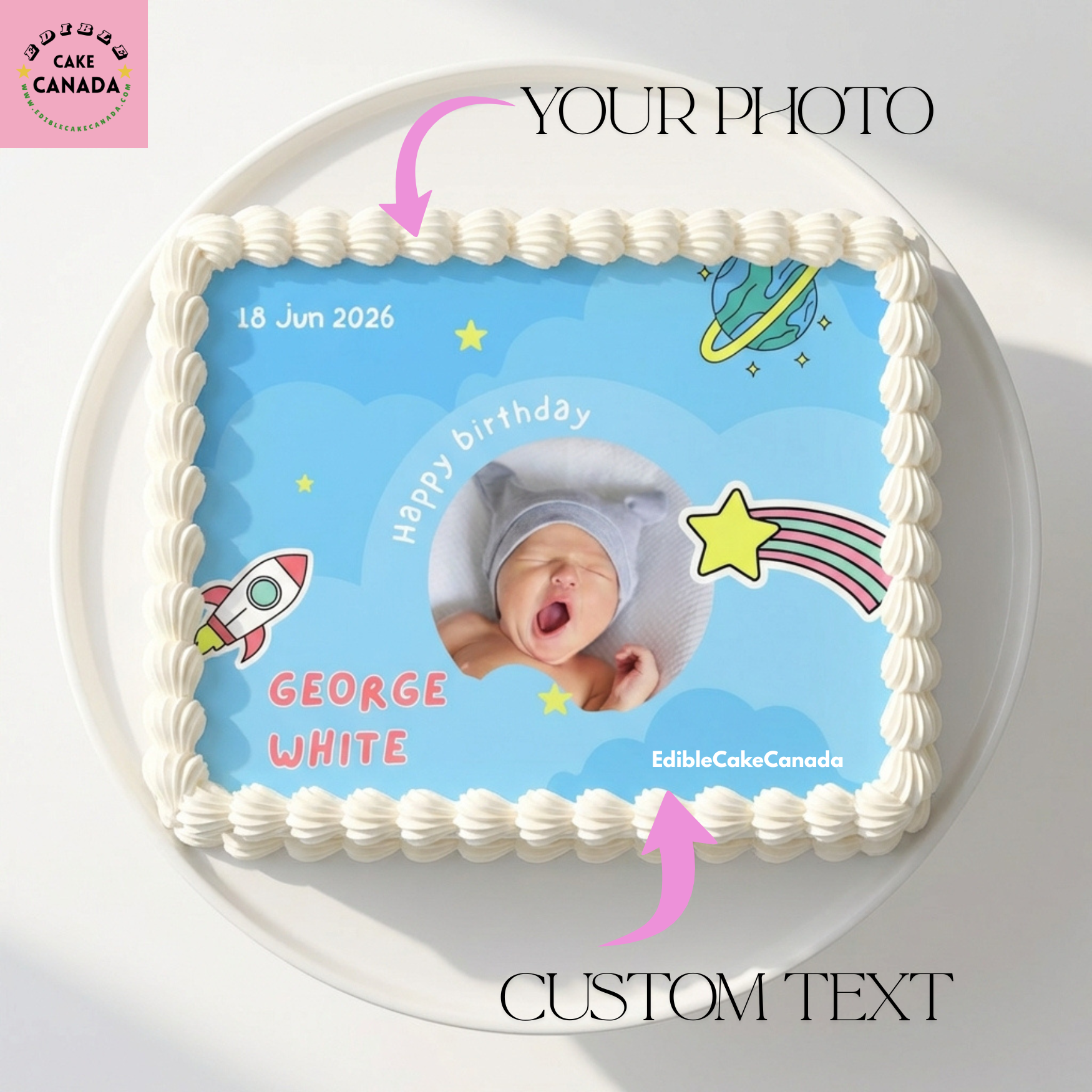 Blue Space Baby Birthday Edible Cake Topper with Custom Photo and Text  

Personalized Rocket and Stars Edible Icing Cake Topper Canada  

Custom Photo Baby Birthday Cake Topper Blue Space Theme  

Edible Cake Topper for First Birthday Rocket Galaxy Theme  

Personalized Baby Boy Space Birthday Cake Decoration Canada