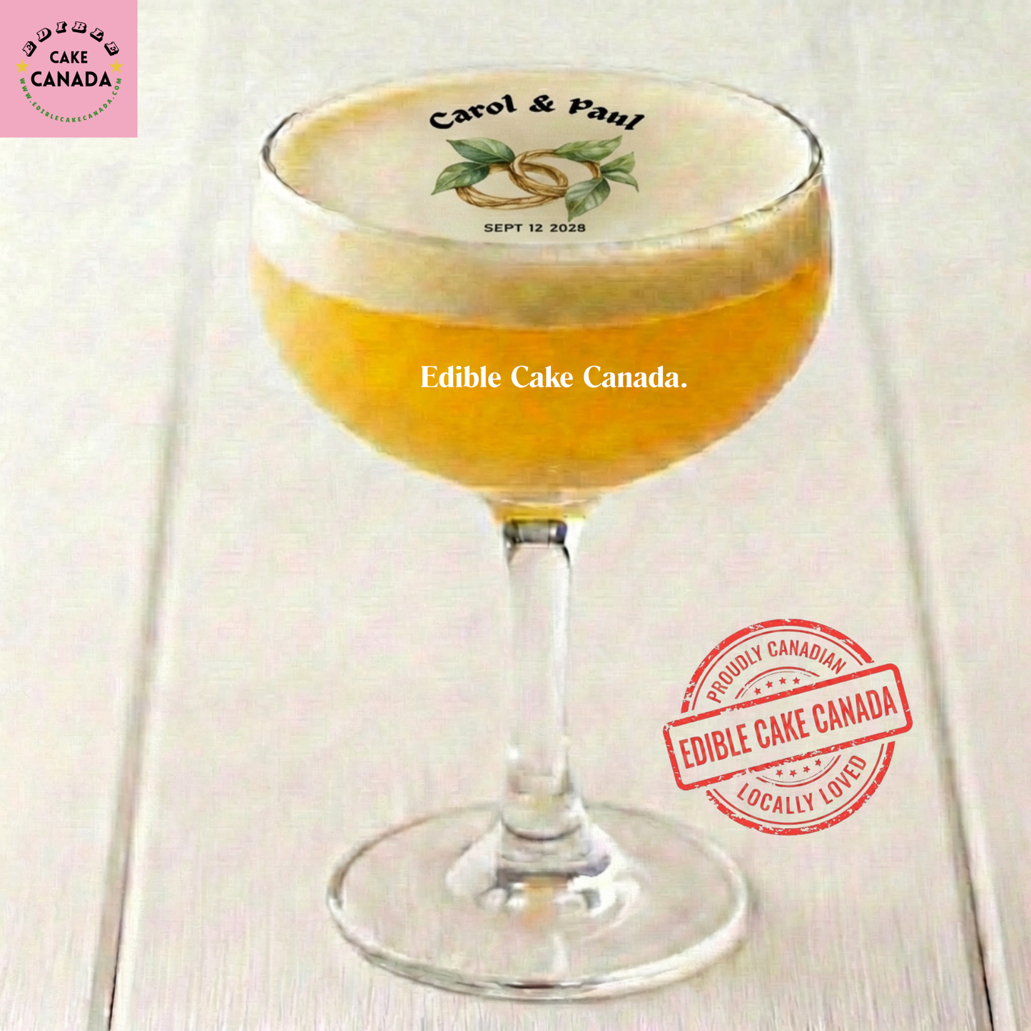 Custom Wedding Rings and Greenery Edible Wafer Paper Drink Toppers with Personalized Names and Date