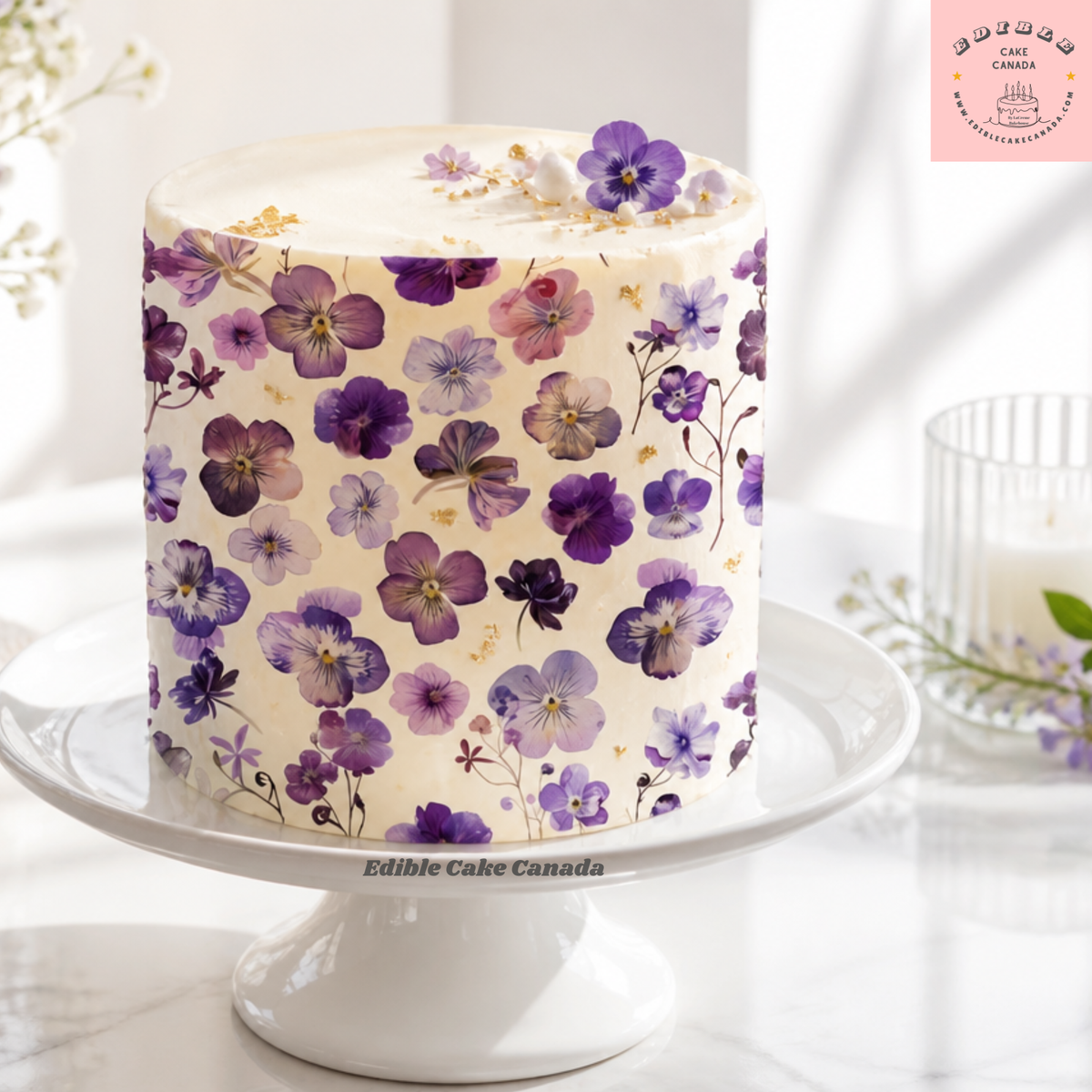 Edible icing cake topper wrap 8x10 inches with purple pansy and violet flowers pressed botanical pattern