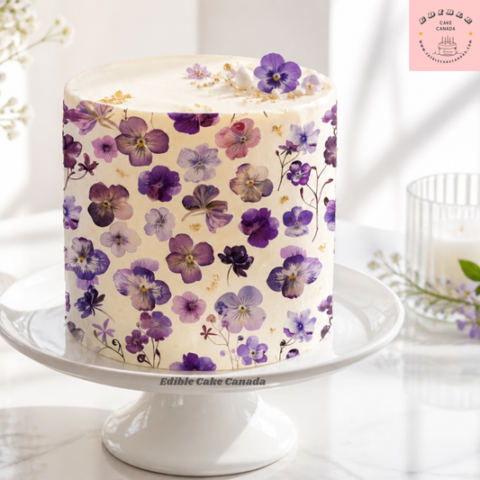 Edible icing cake topper wrap 8x10 inches with purple pansy and violet flowers pressed botanical pattern