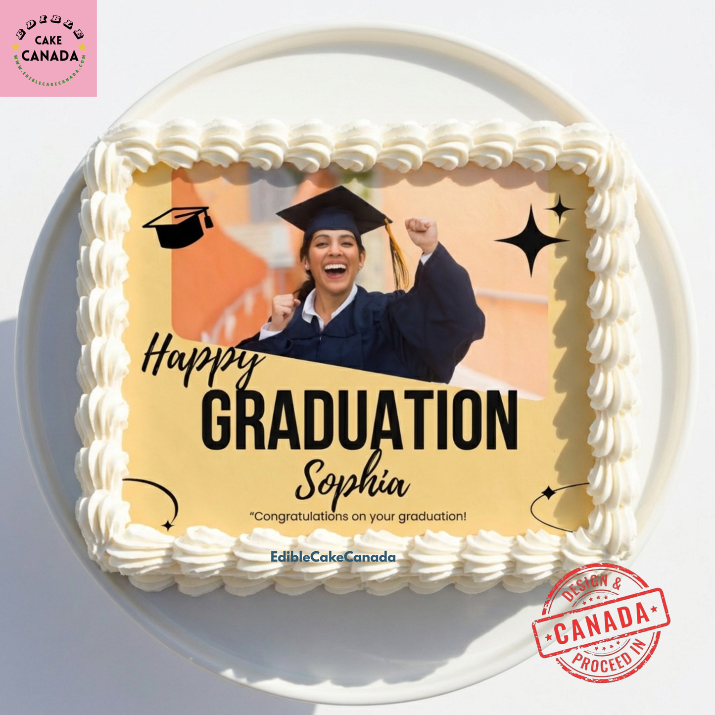 Custom graduation photo edible icing cake topper with personalized name and text, designed and processed in Canada