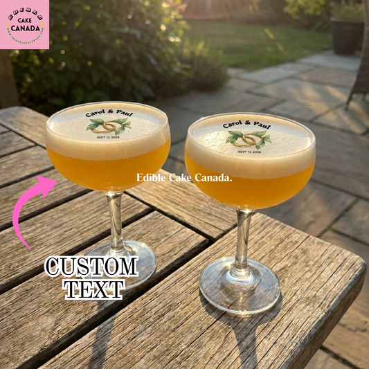 custom drink toppers, edible drink toppers, wafer paper drink topper, wedding drink toppers, personalized cocktail toppers, custom cocktail decor, wedding cocktail topper, edible wafer paper topper, anniversary drink topper, engagement party decor, bridal shower drink toppers, custom names drink topper, wedding rings drink topper, greenery wedding decor, personalized wedding drinks, Canada wedding decor, Canadian wedding drink toppers, edible cocktail decor, custom beverage toppers, romantic party decor