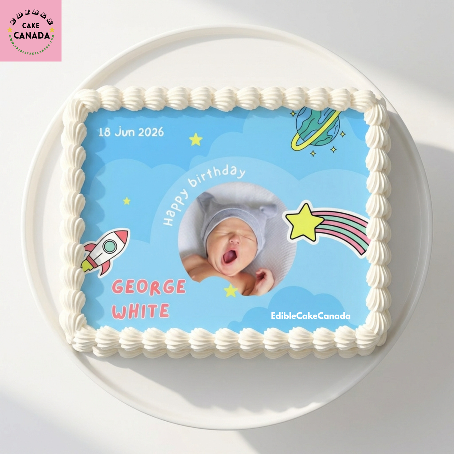 Blue Space Baby Birthday Edible Cake Topper with Custom Photo and Text  

Personalized Rocket and Stars Edible Icing Cake Topper Canada  

Custom Photo Baby Birthday Cake Topper Blue Space Theme  

Edible Cake Topper for First Birthday Rocket Galaxy Theme  

Personalized Baby Boy Space Birthday Cake Decoration Canada