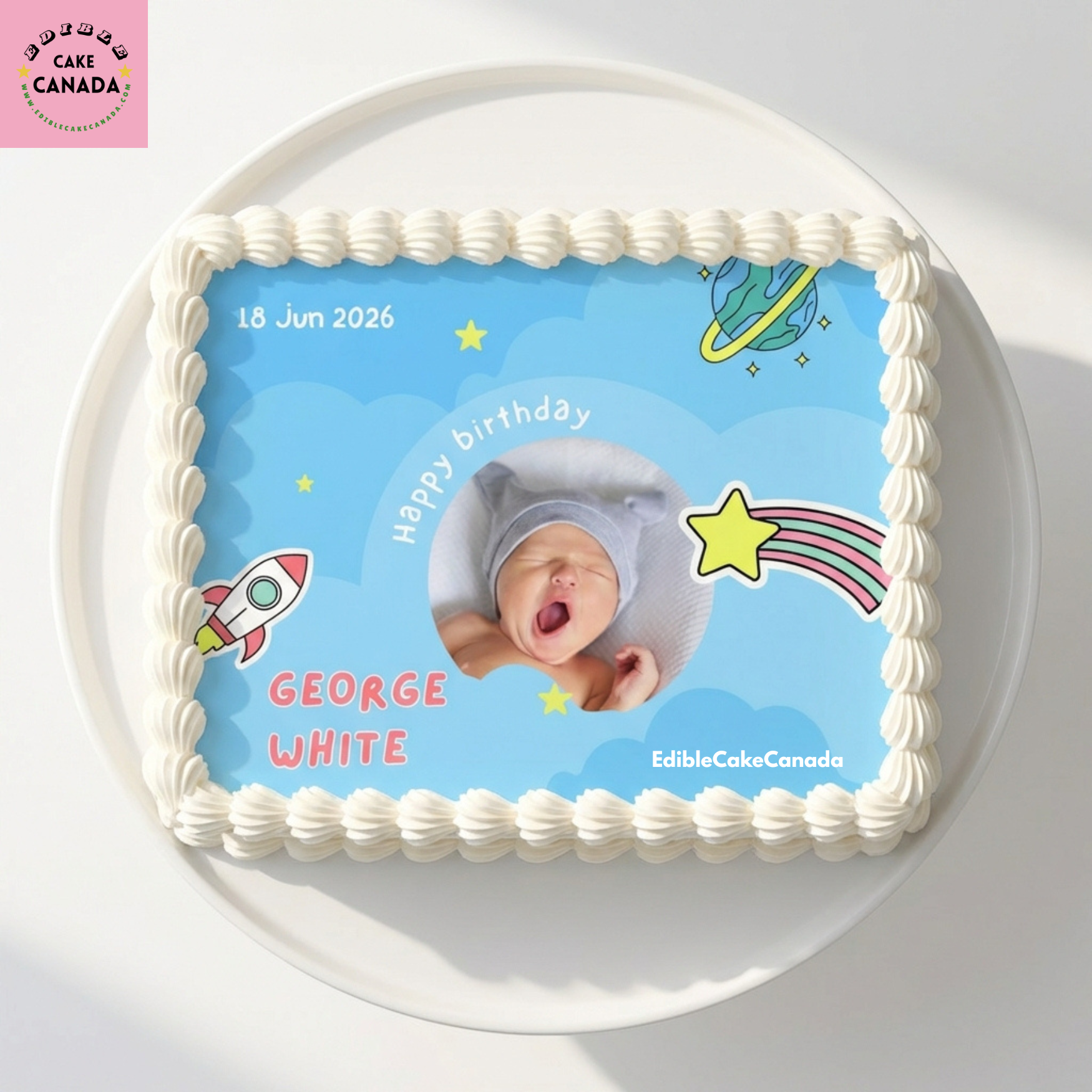 Blue Space Baby Birthday Edible Cake Topper with Custom Photo and Text  

Personalized Rocket and Stars Edible Icing Cake Topper Canada  

Custom Photo Baby Birthday Cake Topper Blue Space Theme  

Edible Cake Topper for First Birthday Rocket Galaxy Theme  

Personalized Baby Boy Space Birthday Cake Decoration Canada