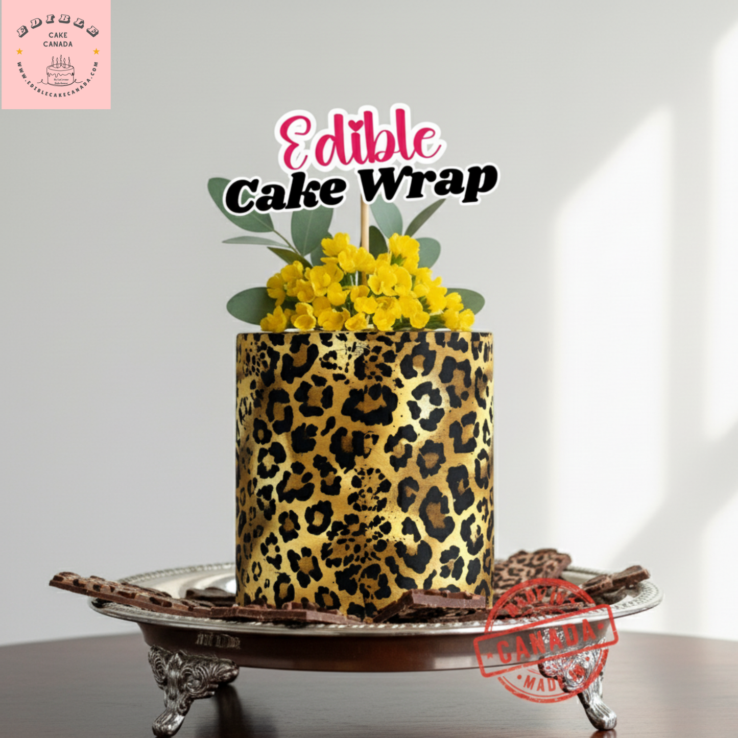 Vivid Yellow & Black Leopard Edible Cake Wrap – Cheetah Print Icing Sheet 8"x10"