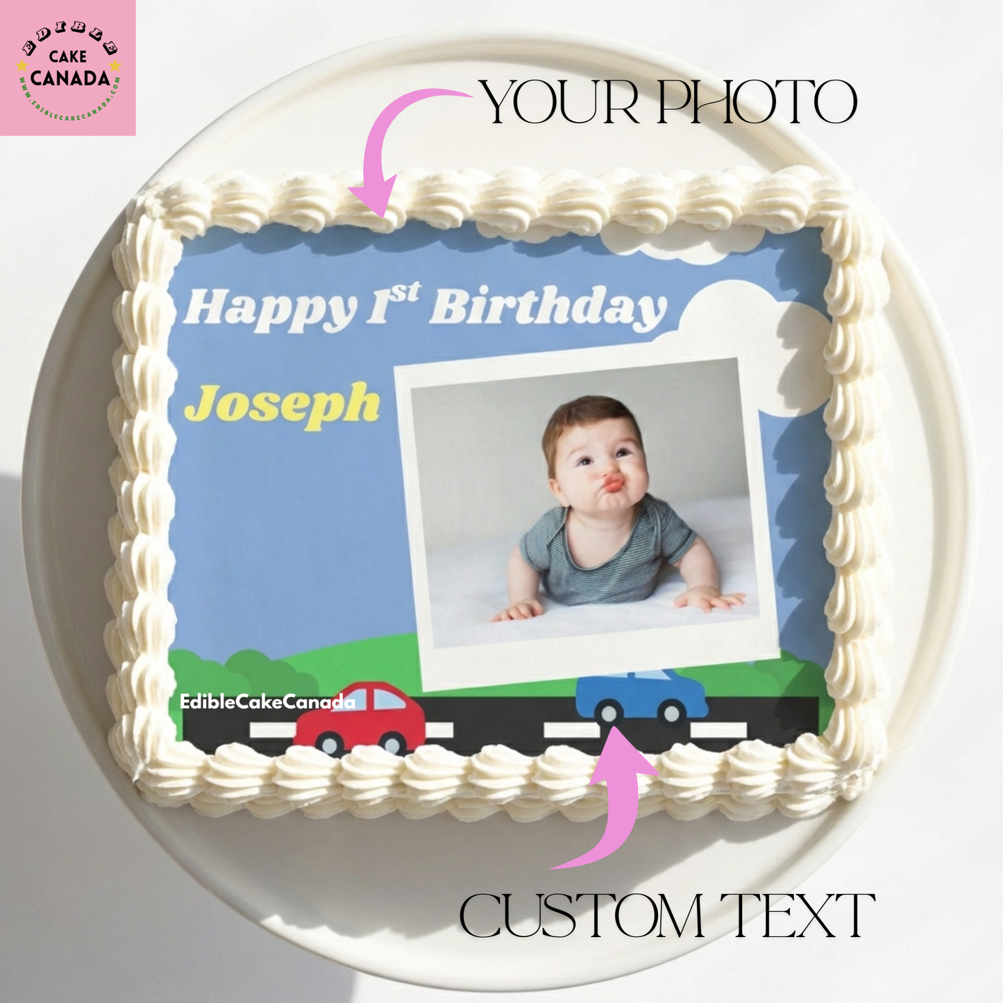 Baby blue car theme 1st birthday edible icing cake topper with custom photo and name, printed in Canada