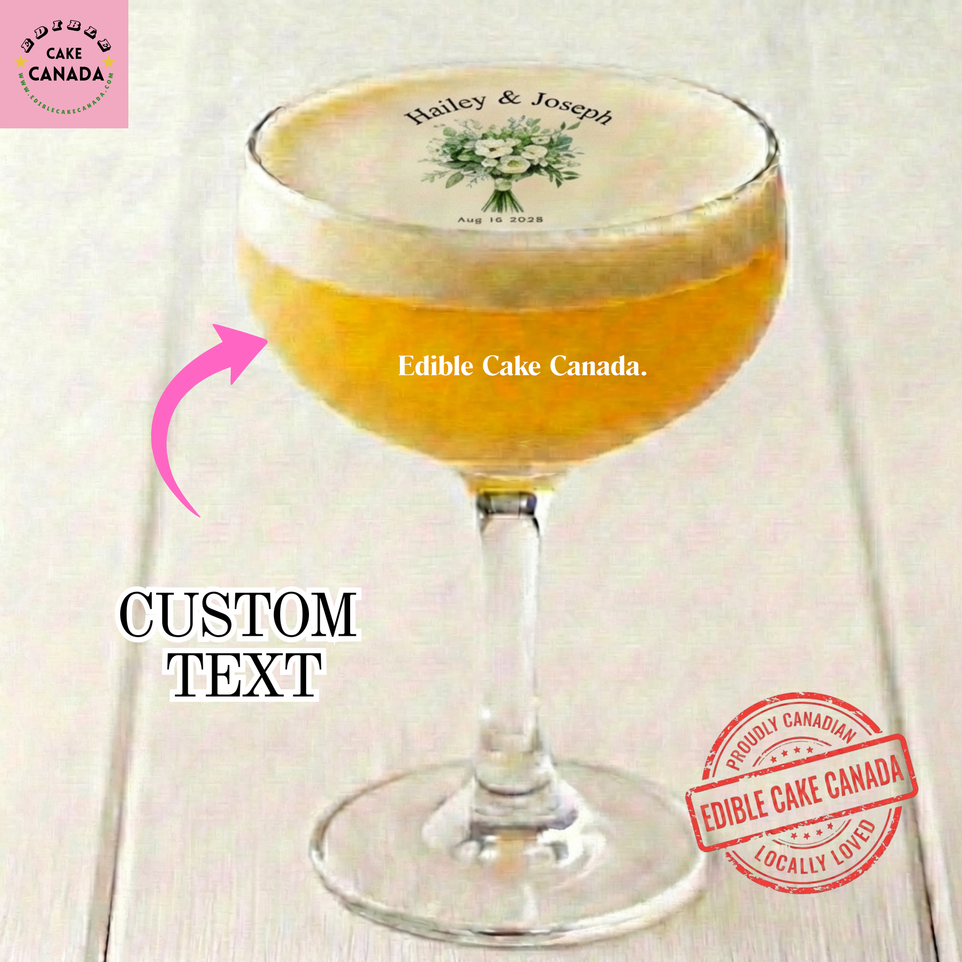 Personalized wedding edible wafer drink topper with white flower bouquet greenery design, custom names and date for cocktail decorations

