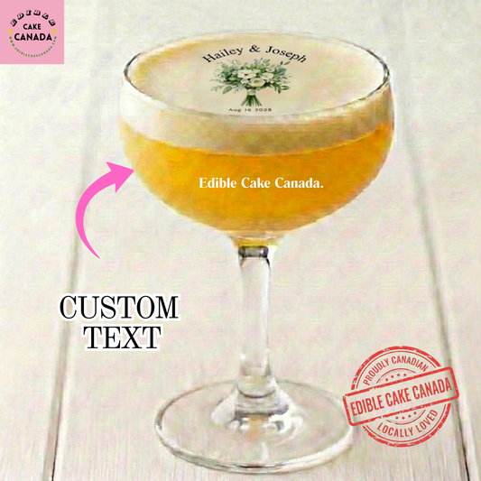 Personalized wedding edible wafer drink topper with white flower bouquet greenery design, custom names and date for cocktail decorations


