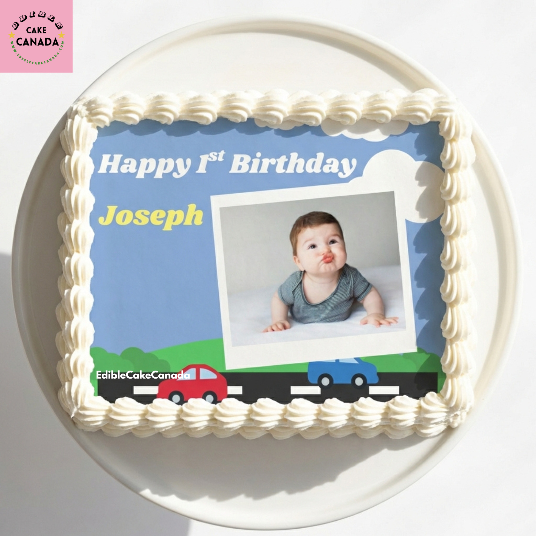 Baby blue car theme 1st birthday edible icing cake topper with custom photo and name, printed in Canada