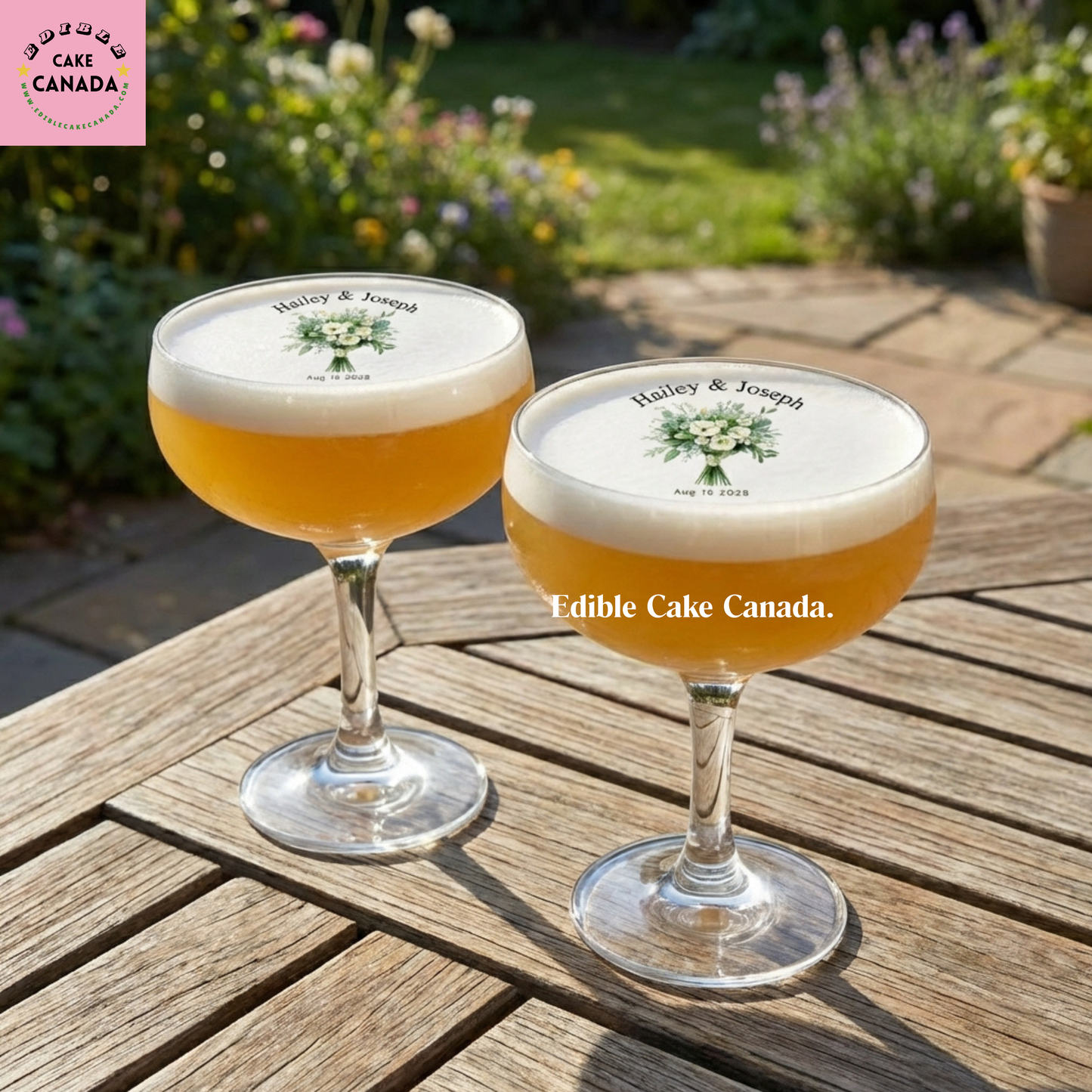 personalized edible drink toppers, wedding drink toppers, edible wafer drink toppers, custom cocktail toppers, wedding cocktail decorations, floral drink toppers, greenery wedding decor, custom names drink toppers, anniversary drink toppers, bridal shower drink toppers, engagement party decor, edible cocktail toppers Canada, personalized wedding decor Canada, custom wedding drink decor, flower bouquet drink topper, Canada wedding party supplies