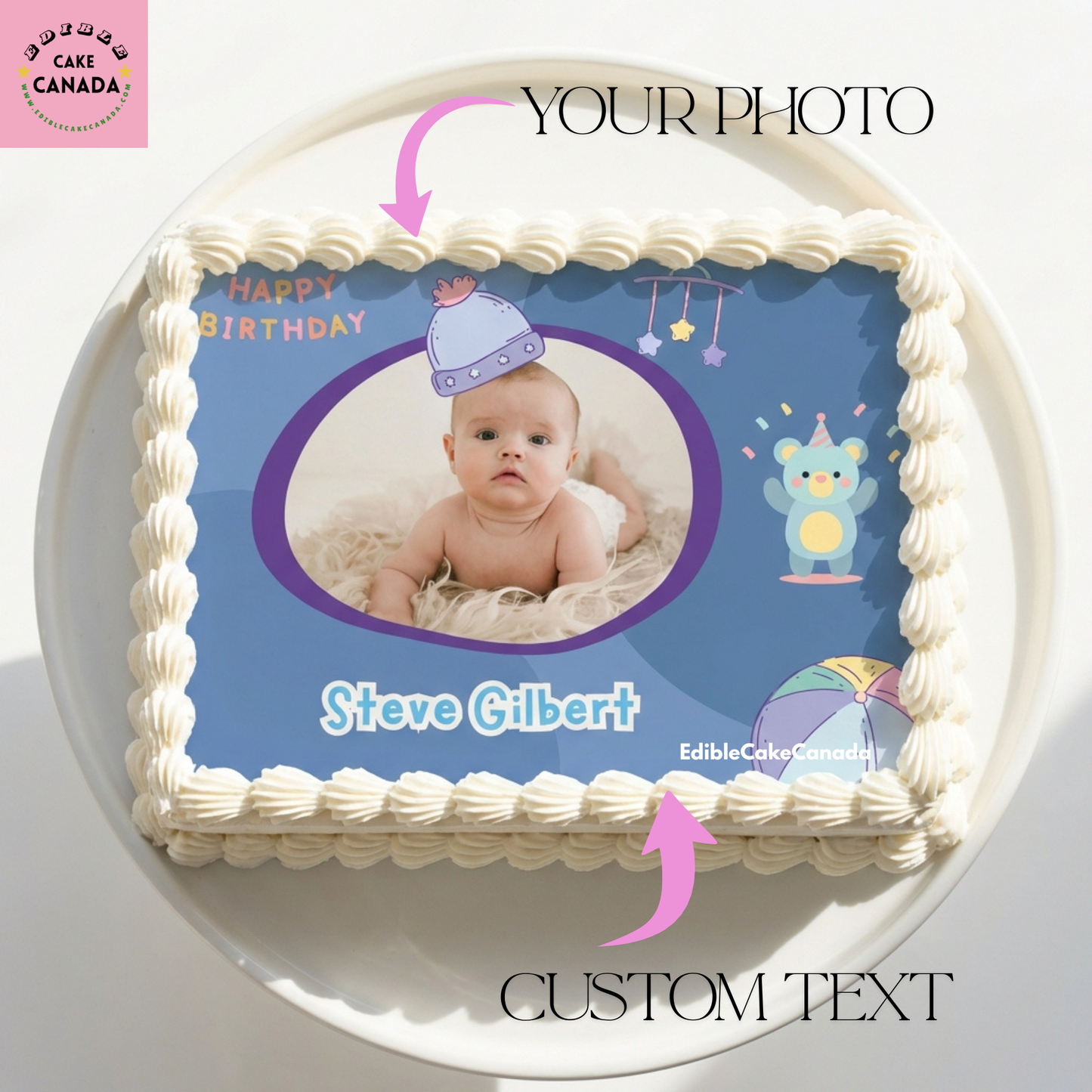 Personalised blue teddy bear stars and ball edible icing cake topper with custom baby photo and text for birthday cake in Canada