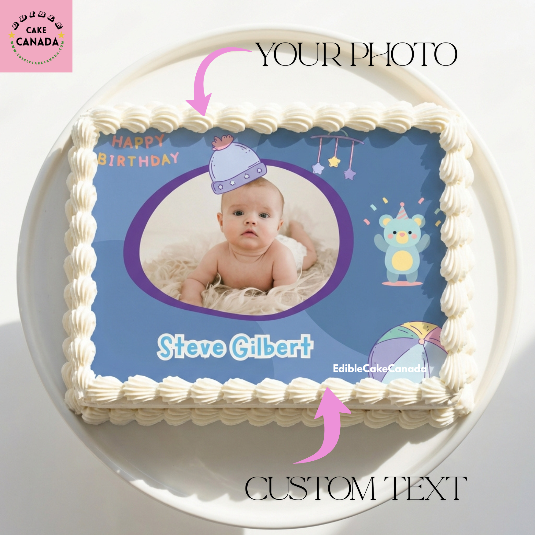 Personalised blue teddy bear stars and ball edible icing cake topper with custom baby photo and text for birthday cake in Canada