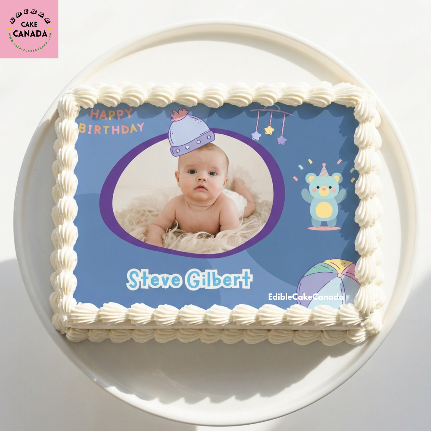 Personalised blue teddy bear stars and ball edible icing cake topper with custom baby photo and text for birthday cake in Canada