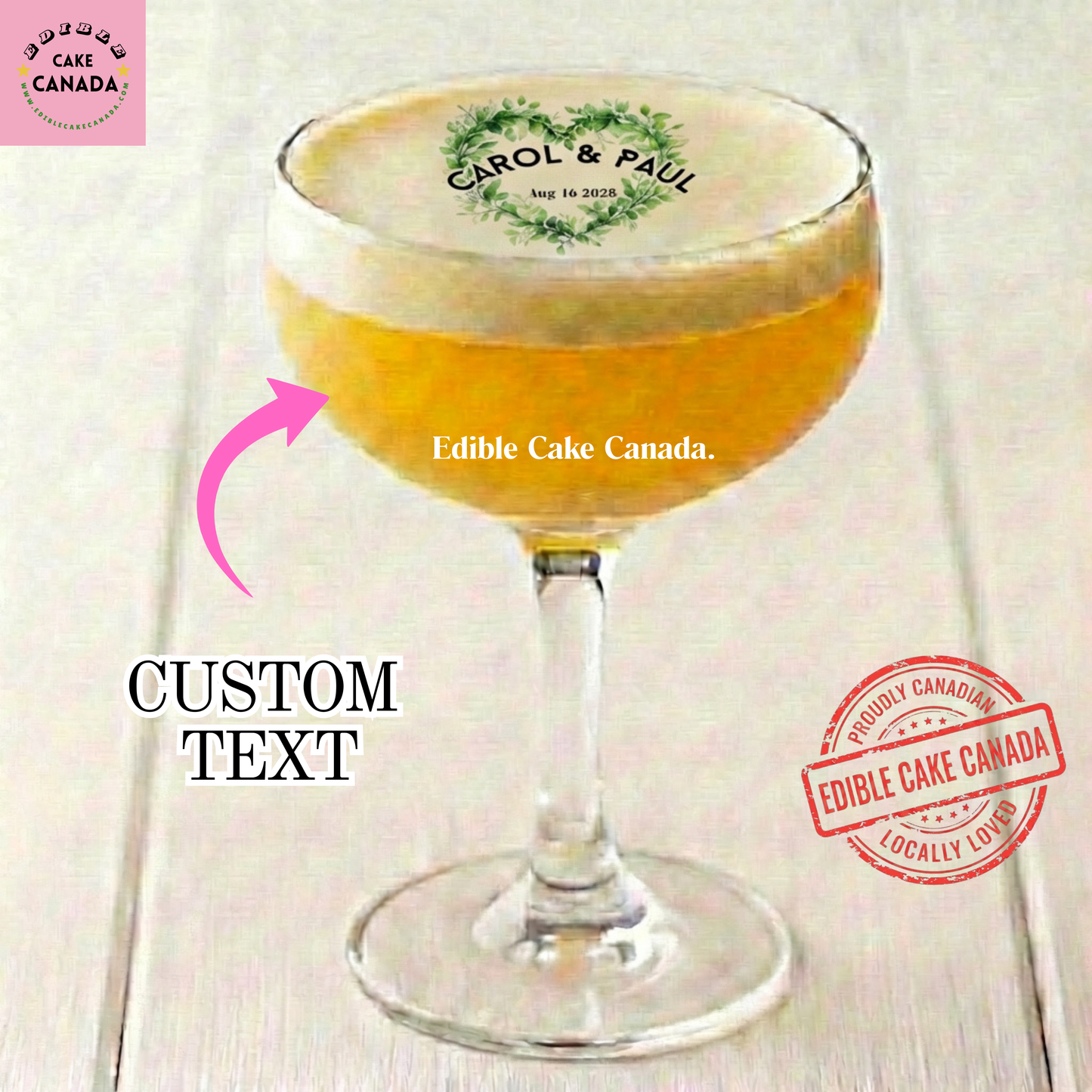 Personalized greenery heart edible wafer paper drink topper with custom names and date for wedding or anniversary celebration
