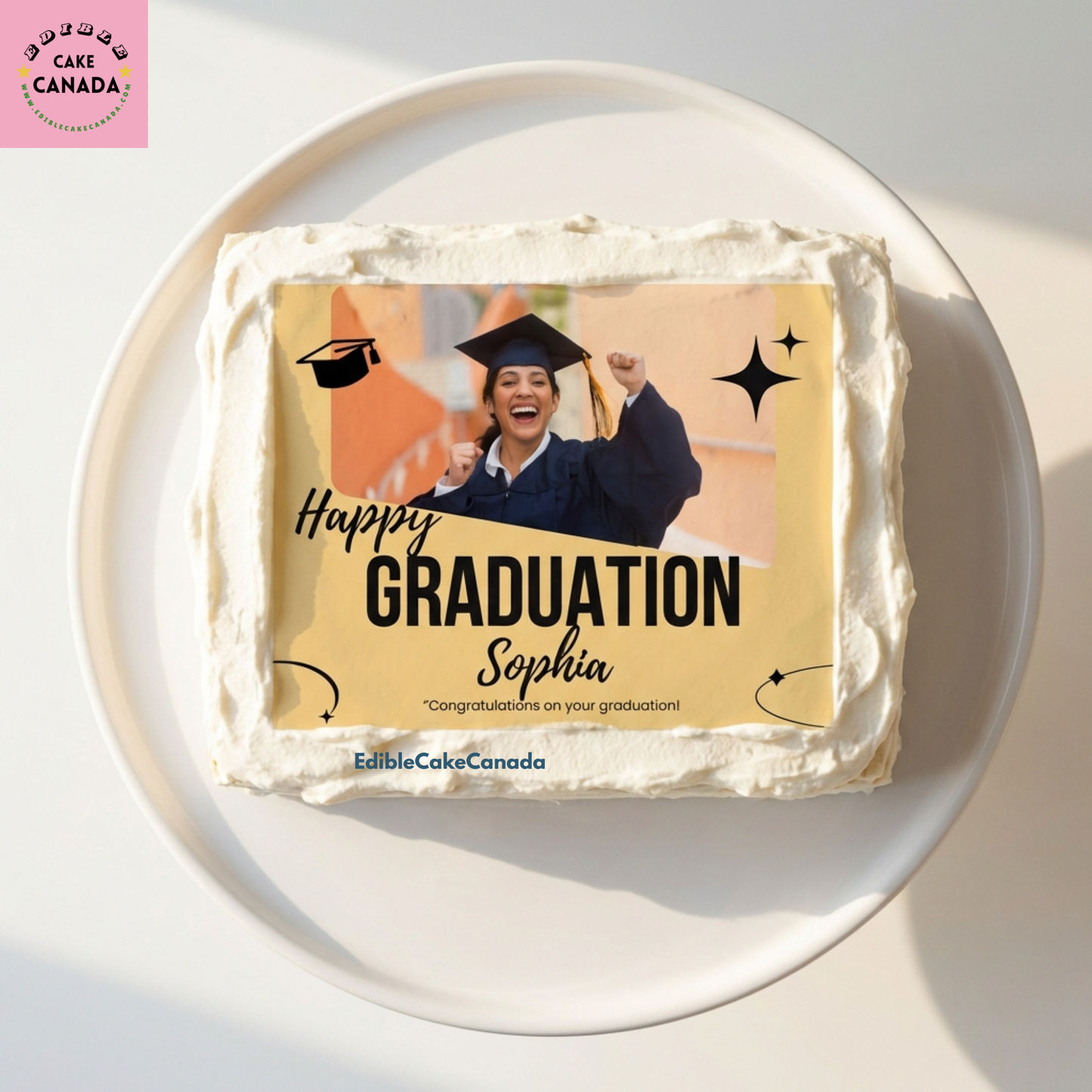 Custom graduation photo edible icing cake topper with personalized name and text, designed and processed in Canada