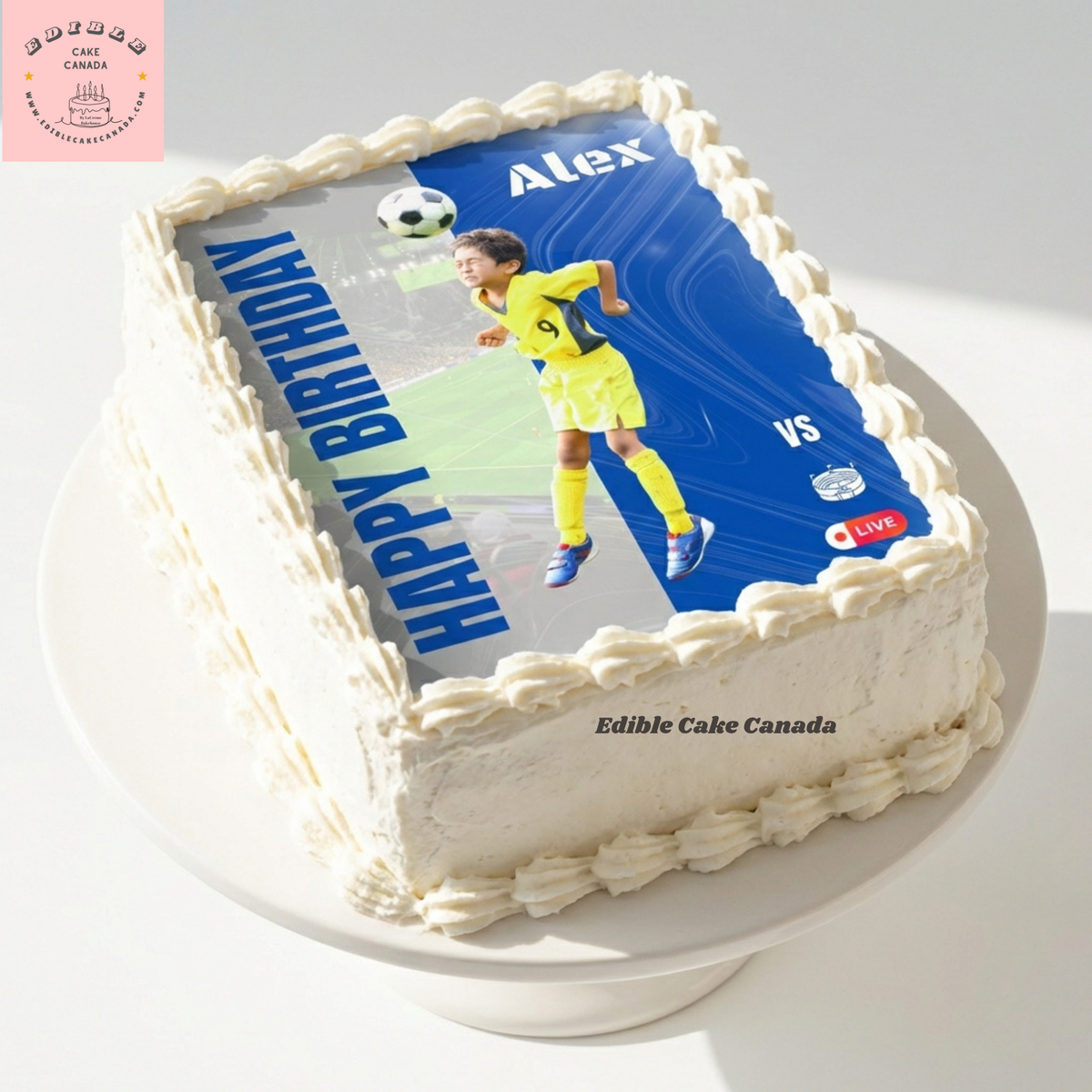 Custom edible icing cake topper with soccer theme happy birthday design on a cake