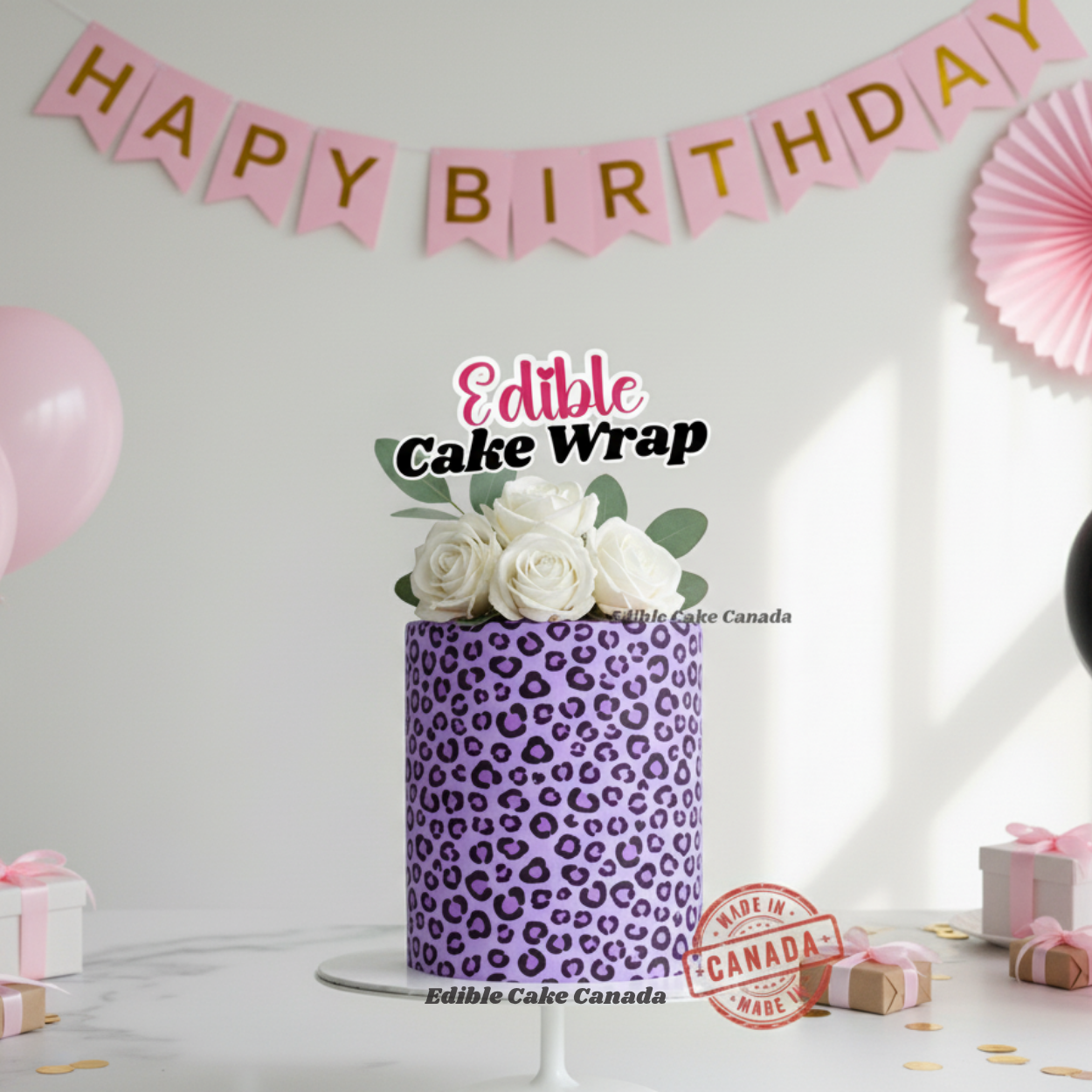 Edible Cake Wrap – Purple Leopard & Heart Pattern (8"x10")