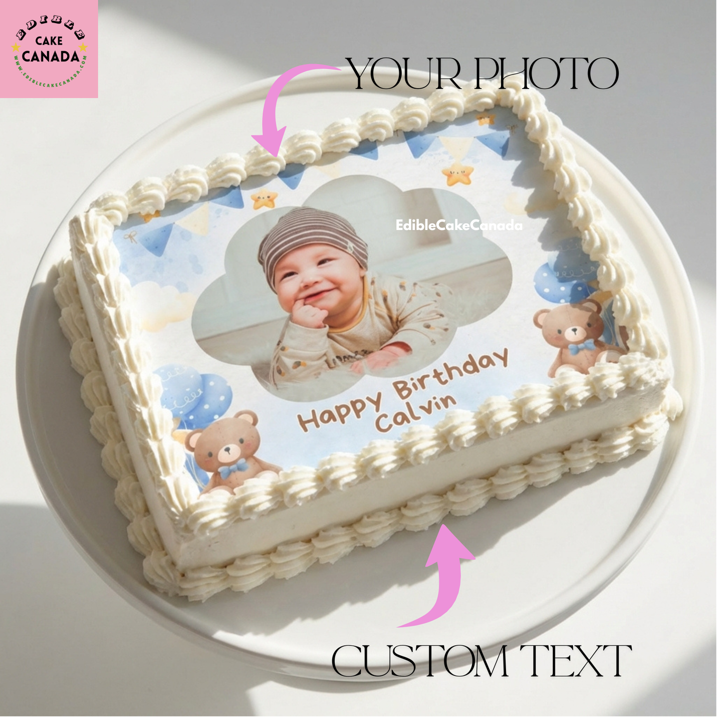 Personalised Baby Boy Teddy Bear Birthday Edible Icing Cake Topper with Custom Photo & Text