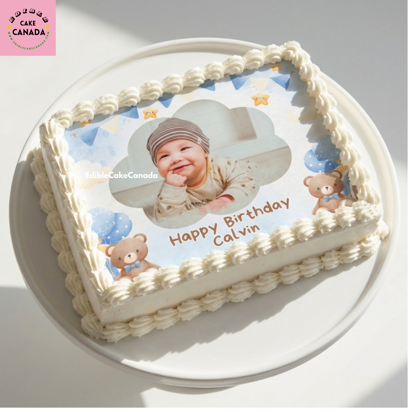 Create a sweet custom birthday cake with this Baby Boy Teddy Bear Edible Icing Cake Topper, personalised with your child’s photo and text. Perfect for baby boy birthdays, smash cakes, and teddy bear themed parties. Processed in Canada.