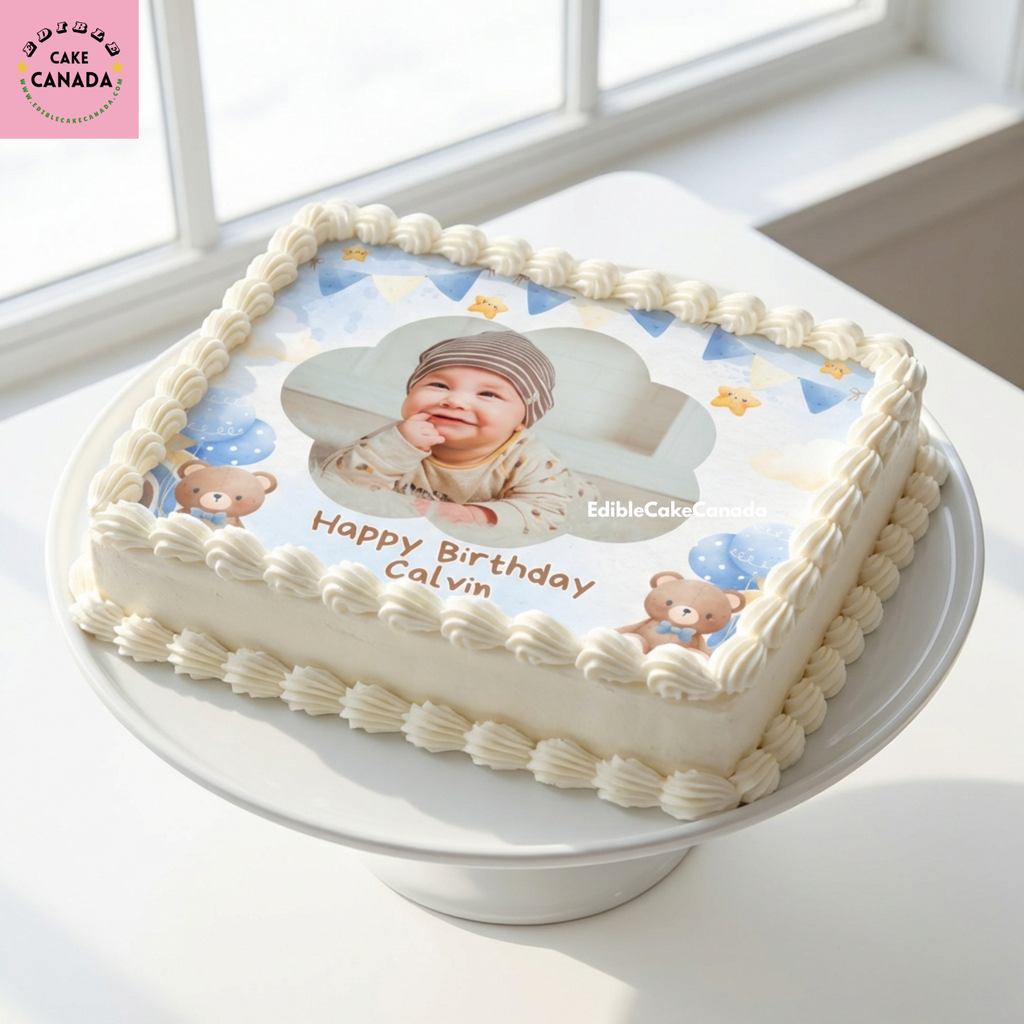 Create a sweet custom birthday cake with this Baby Boy Teddy Bear Edible Icing Cake Topper, personalised with your child’s photo and text. Perfect for baby boy birthdays, smash cakes, and teddy bear themed parties. Processed in Canada.