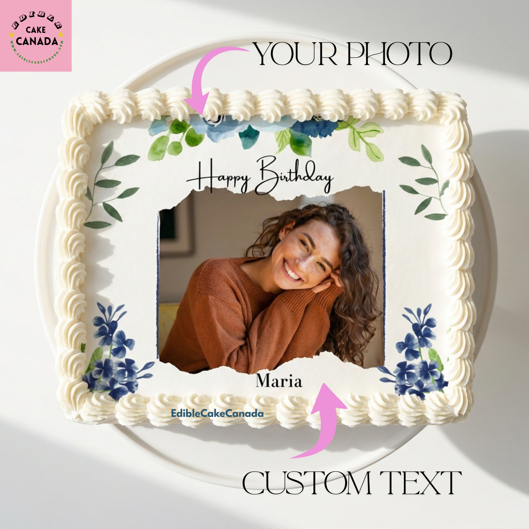 Custom edible icing cake topper with photo and text in Boho Greenery theme, personalized birthday cake decoration designed and processed in Canada