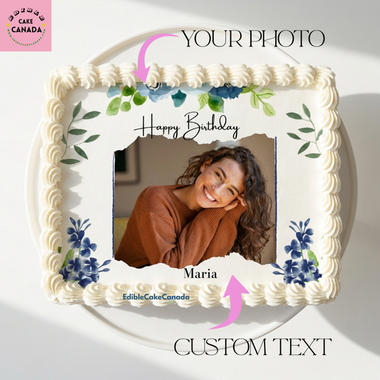 Custom edible icing cake topper with photo and text in Boho Greenery theme, personalized birthday cake decoration designed and processed in Canada