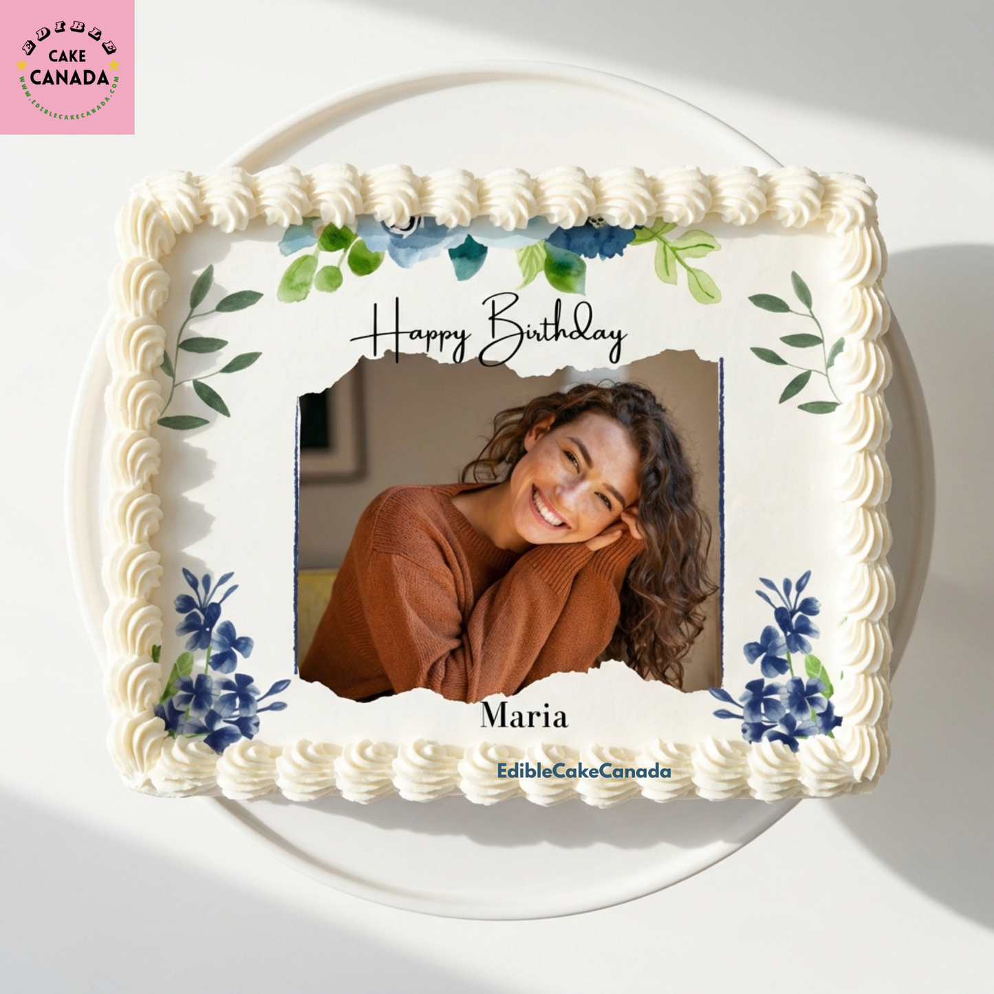 Custom edible icing cake topper with photo and text in Boho Greenery theme, personalized birthday cake decoration designed and processed in Canada