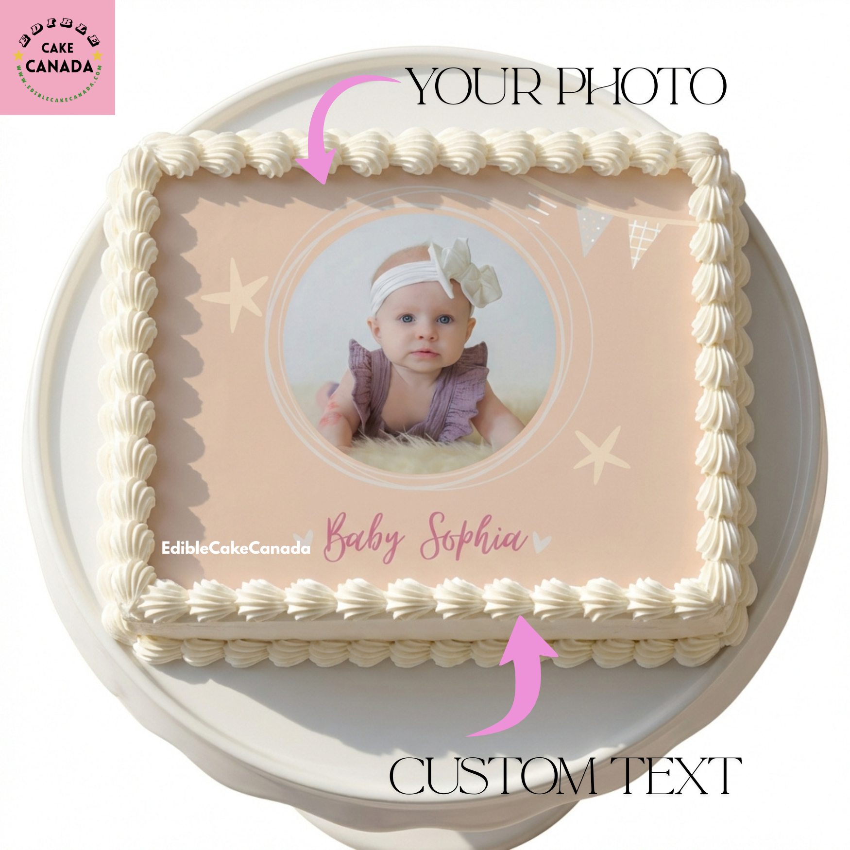 Personalized baby girl birthday edible icing cake topper with custom photo, pink stars design, and custom text, processed in Canada