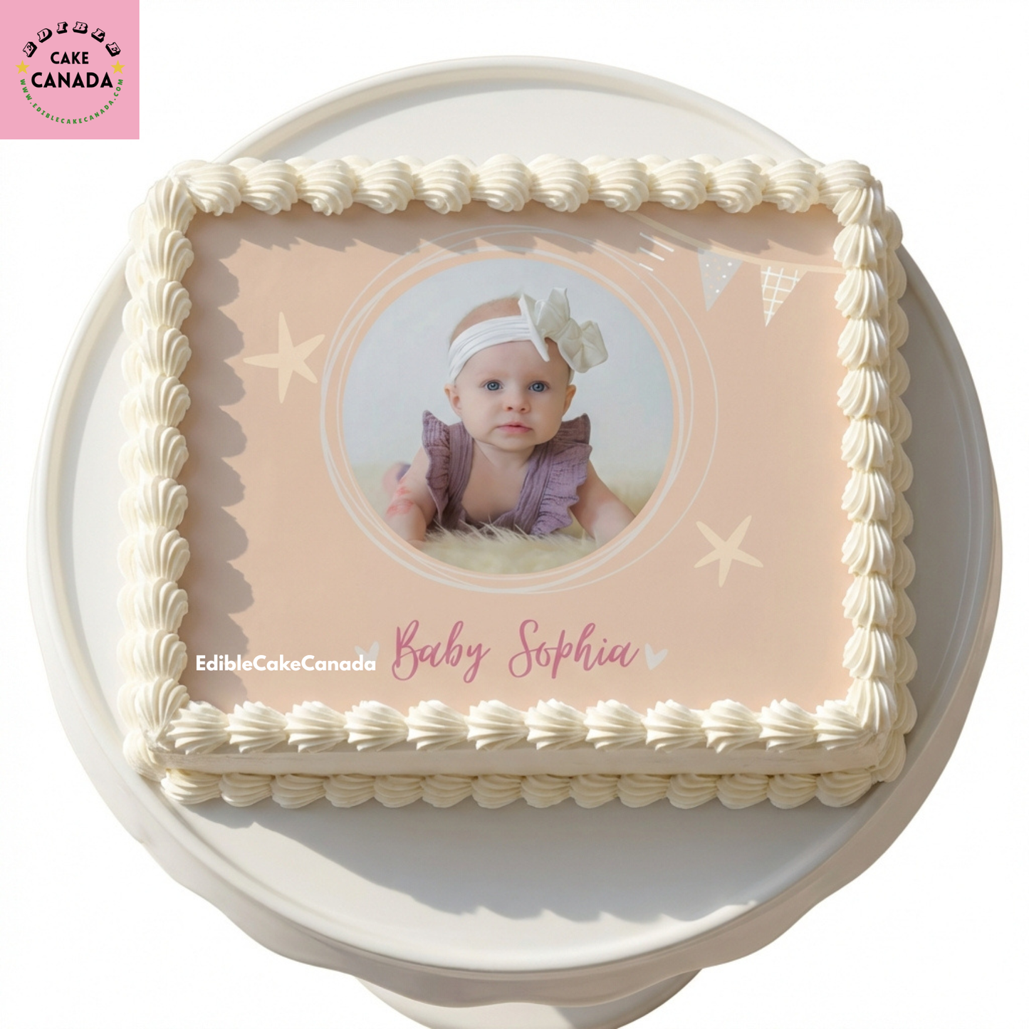 Personalized baby girl birthday edible icing cake topper with custom photo, pink stars design, and custom text, processed in Canada