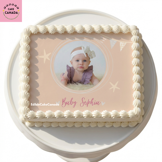 Personalized baby girl birthday edible icing cake topper with custom photo, pink stars design, and custom text, processed in Canada