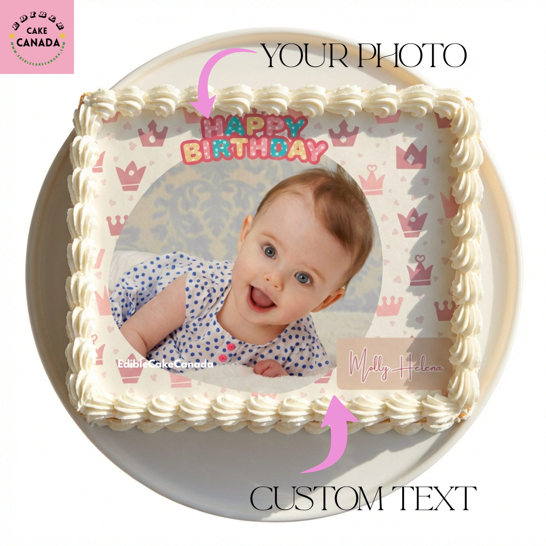 Personalized baby girl birthday edible icing cake topper with custom photo, pink crown princess design, printed in Canada