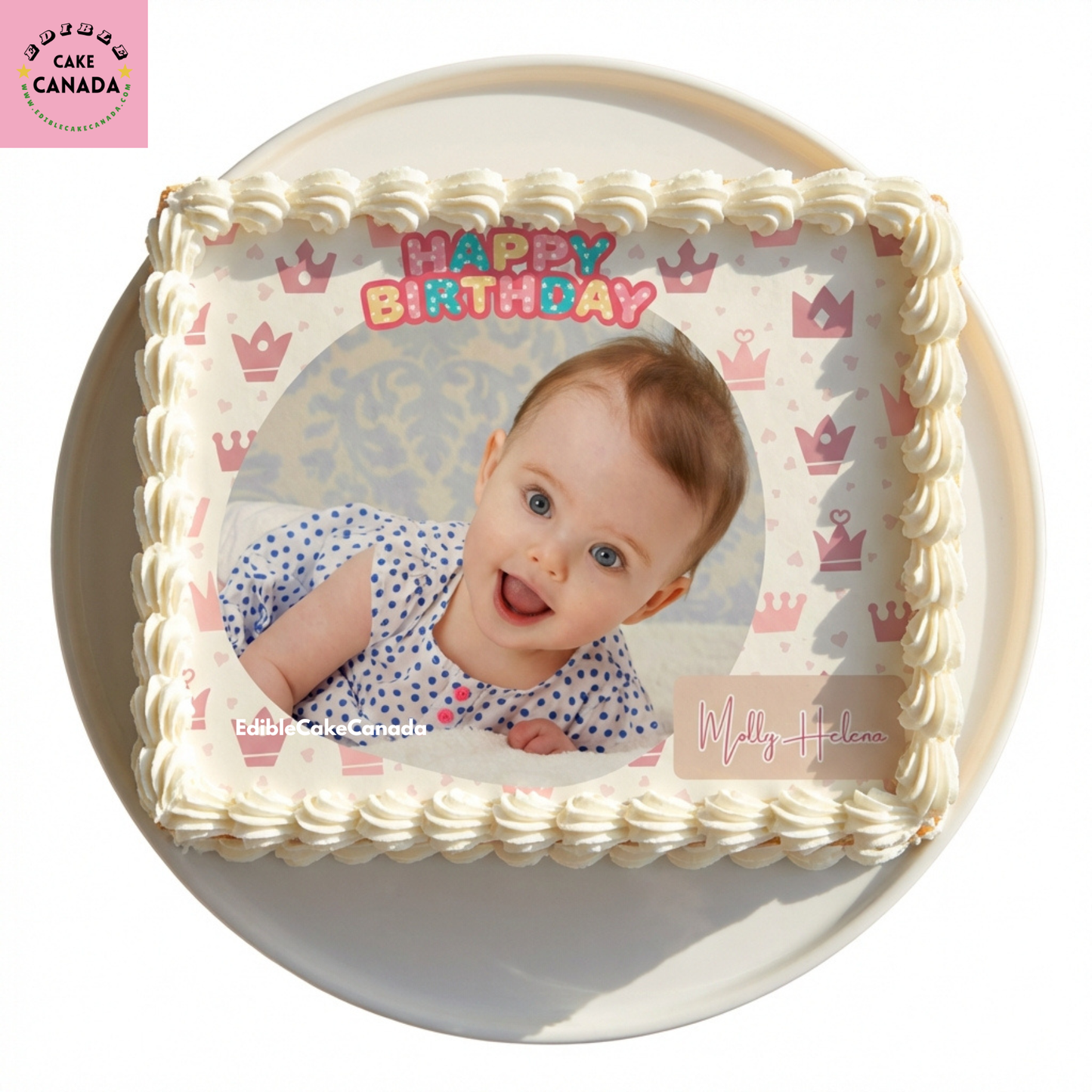 Personalized baby girl birthday edible icing cake topper with custom photo, pink crown princess design, printed in Canada