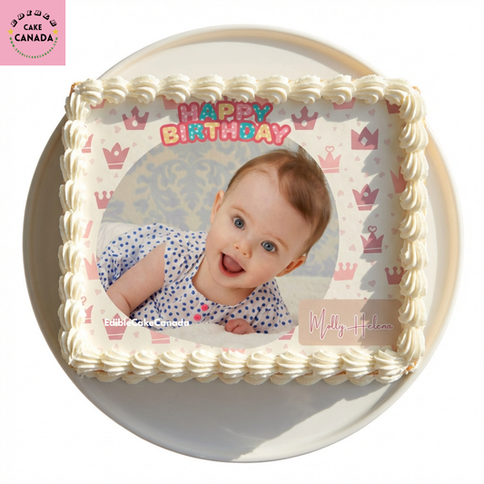Personalized baby girl birthday edible icing cake topper with custom photo, pink crown princess design, printed in Canada