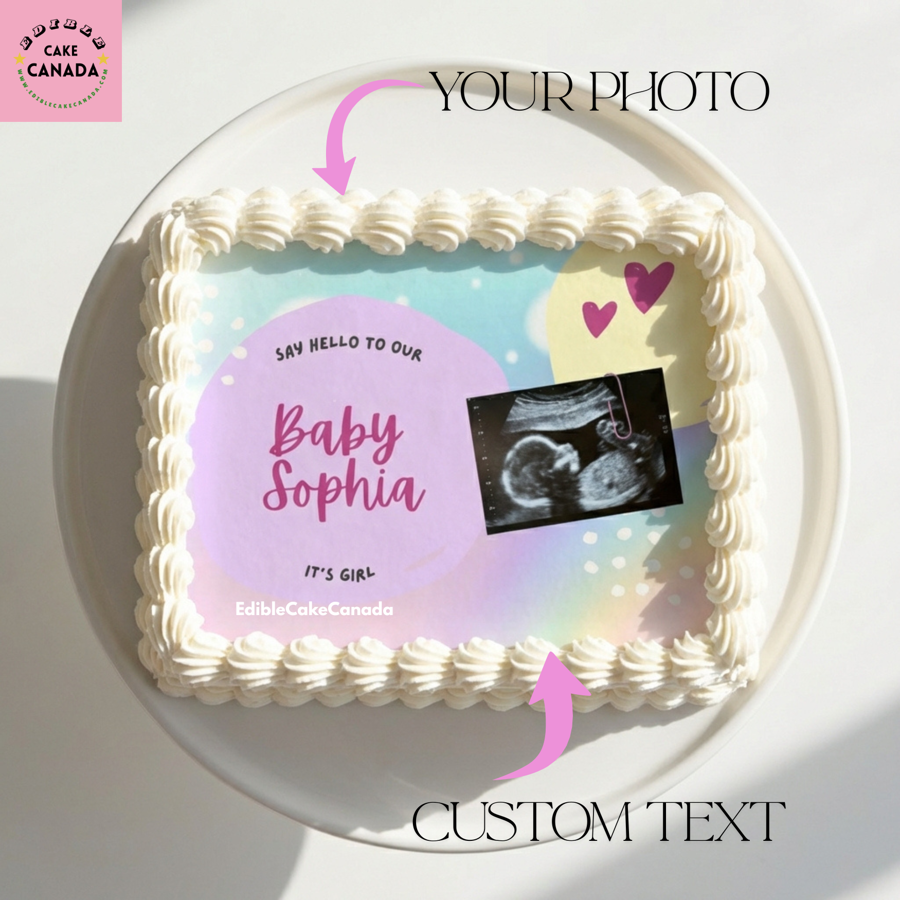 Personalized Welcome Baby ultrasound edible icing cake topper with custom photo and text, baby shower cake decoration designed in Canada