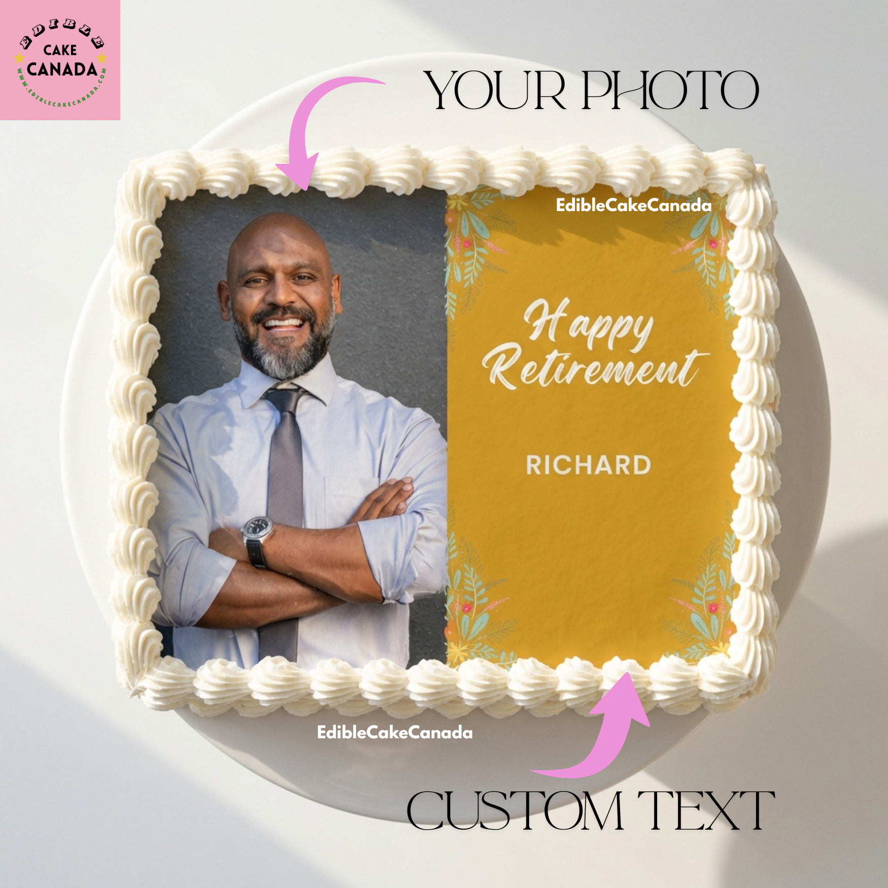 Personalized edible icing sheet for retirement cake with custom photo

Happy retirement cake topper with photo and name

Custom photo cake topper for retirement party in Canada

Edible retirement cake decoration with personalized text