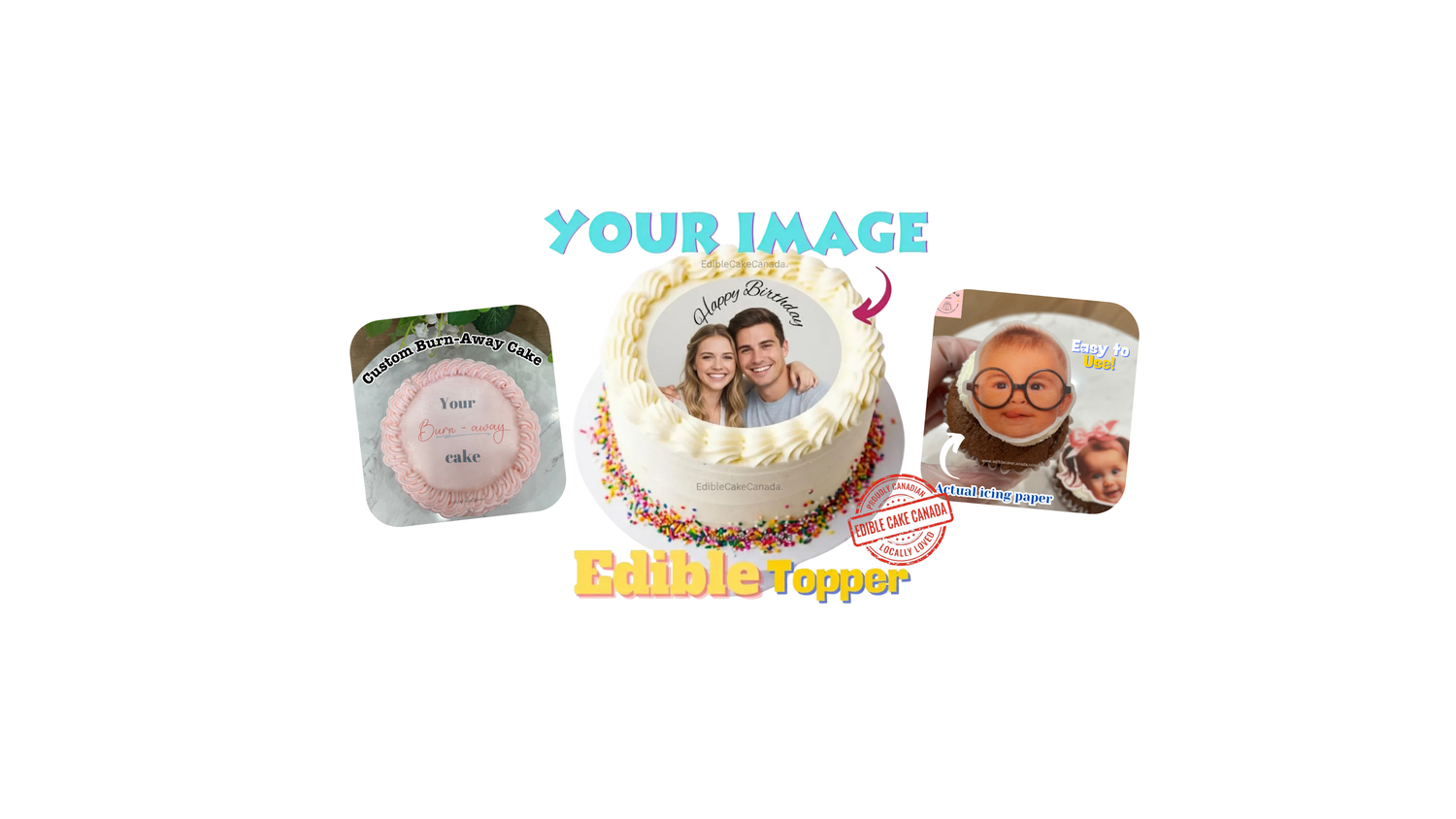 Personalized photo cake toppers with a cake and photos of a couple on a white background.