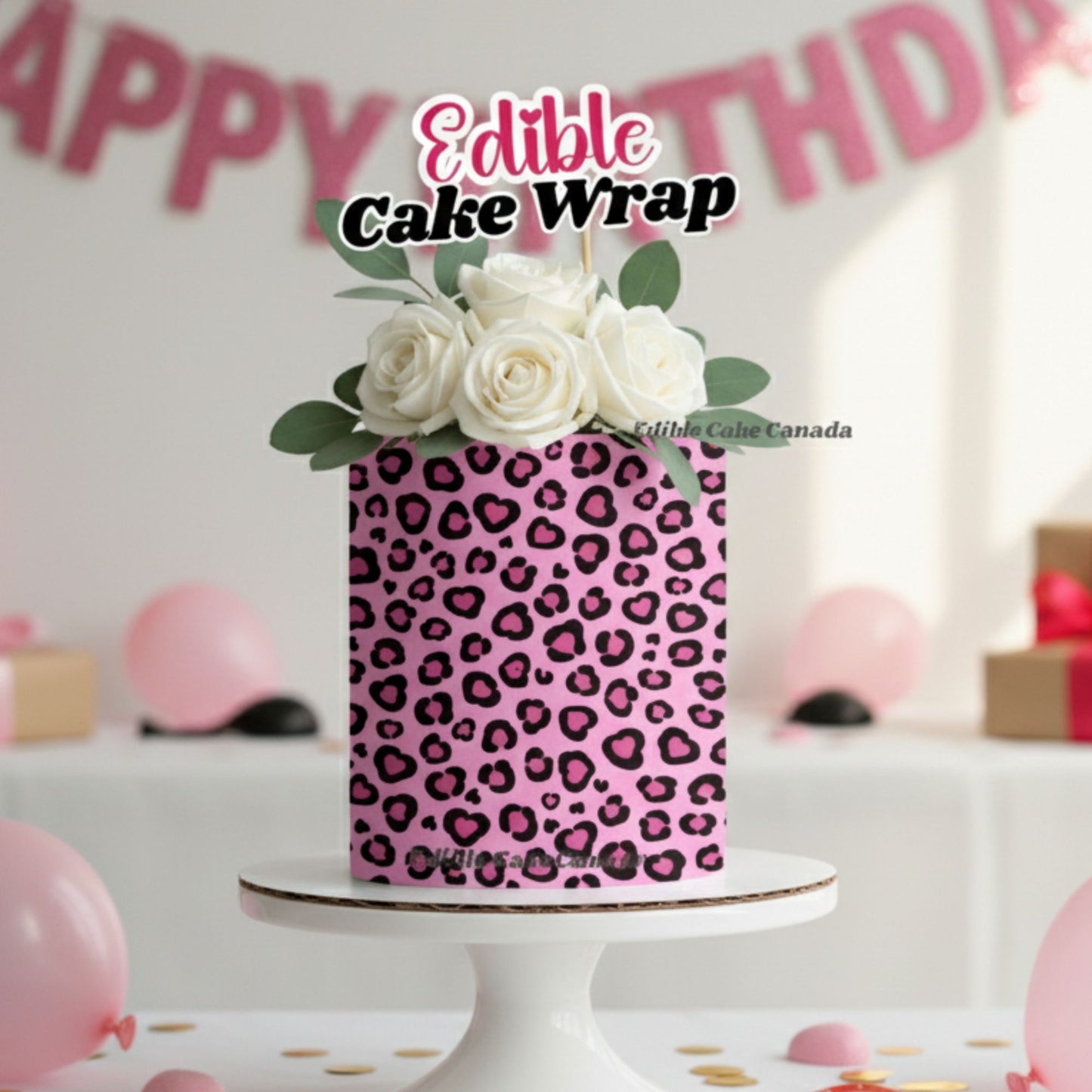 Edible Cake Wrap – Pink Leopard & Heart Pattern (8"x10")