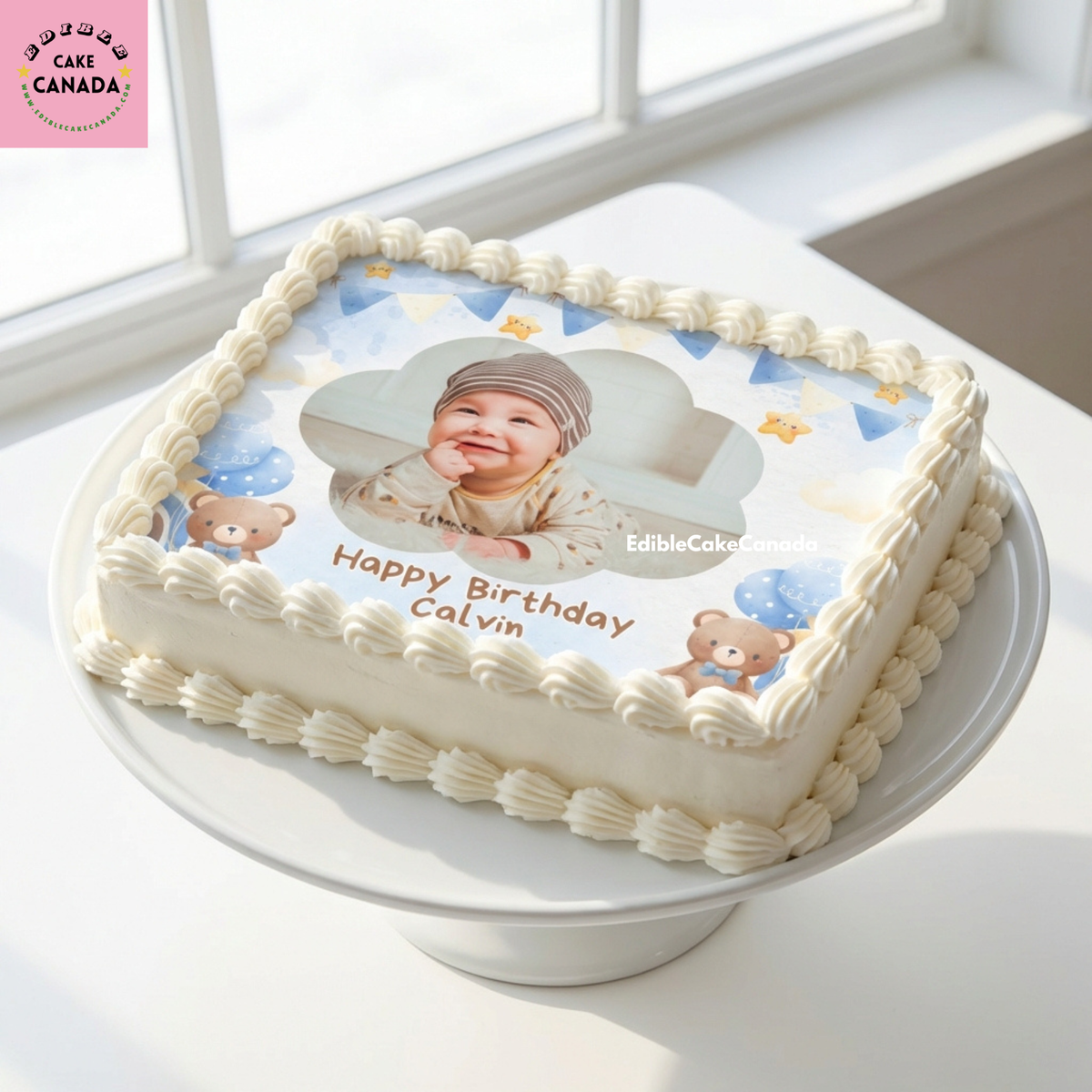 Create a sweet custom birthday cake with this Baby Boy Teddy Bear Edible Icing Cake Topper, personalised with your child’s photo and text. Perfect for baby boy birthdays, smash cakes, and teddy bear themed parties. Processed in Canada.