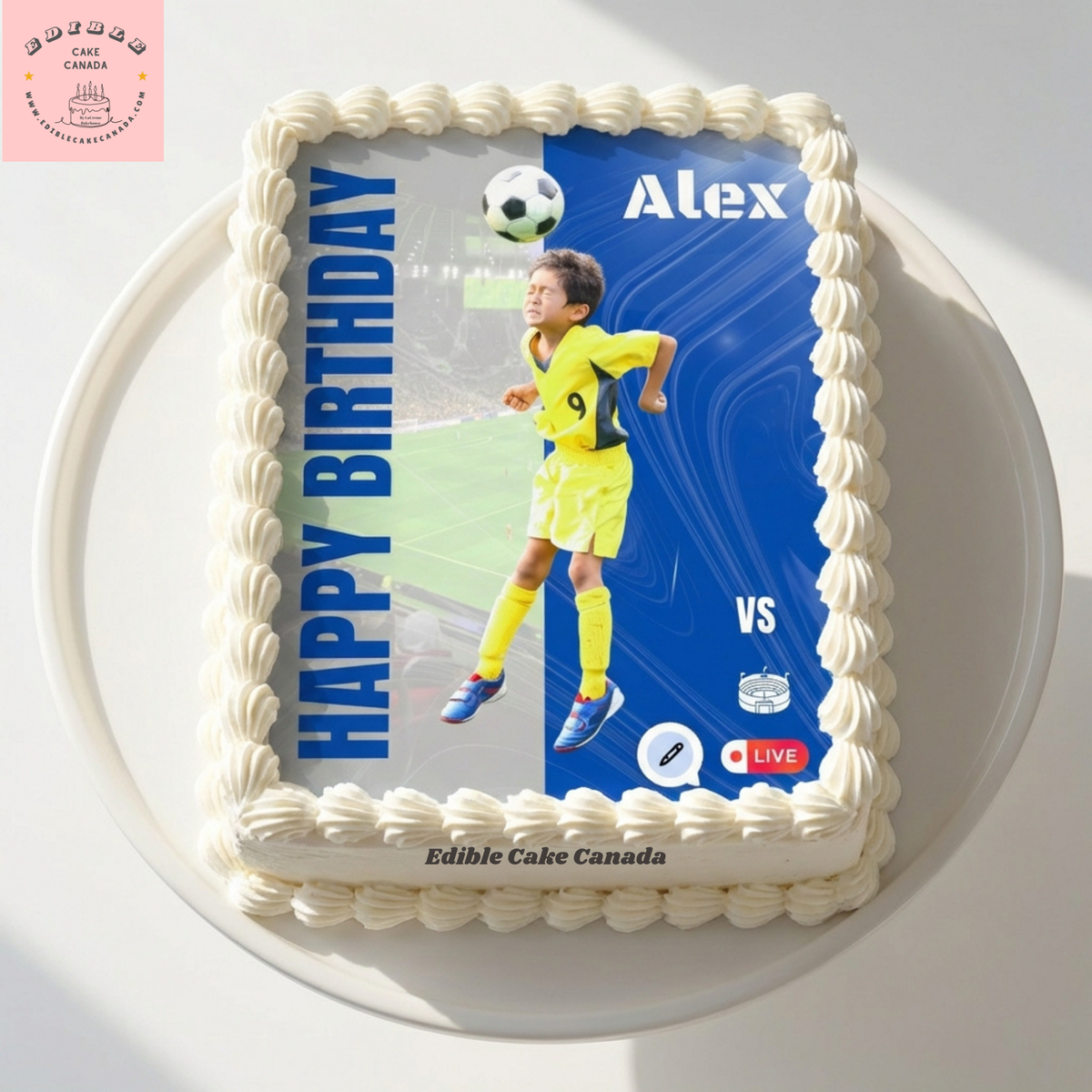 Custom edible icing cake topper with soccer theme happy birthday design on a cake