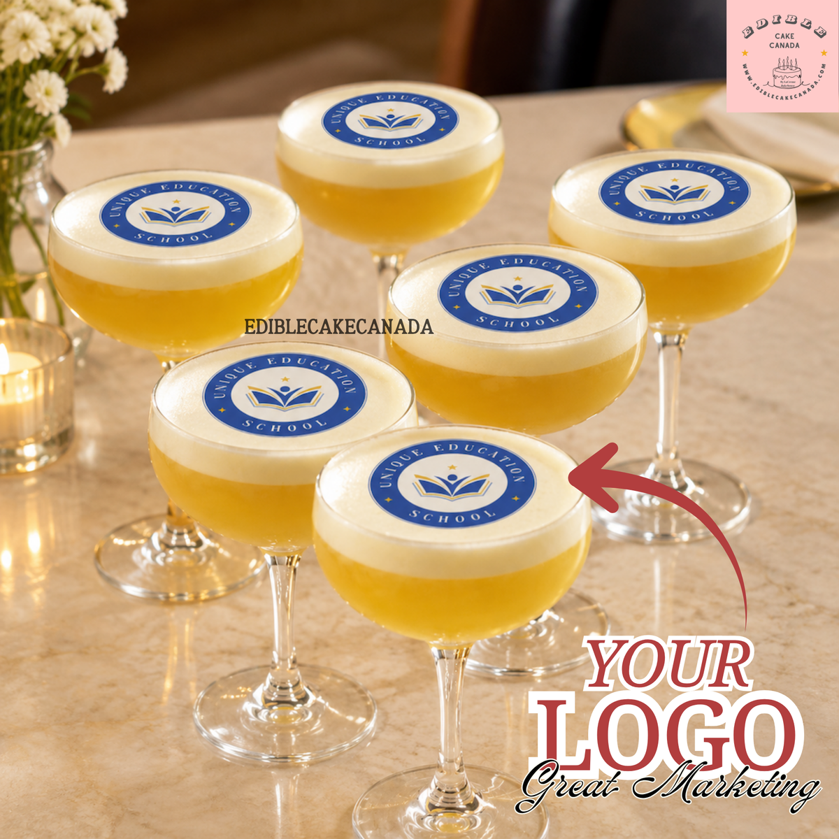 Edible WAFER Drink Toppers : Custom Corporate Bulk Event Branding for drink | Personalized Wedding Drink Wafer topper