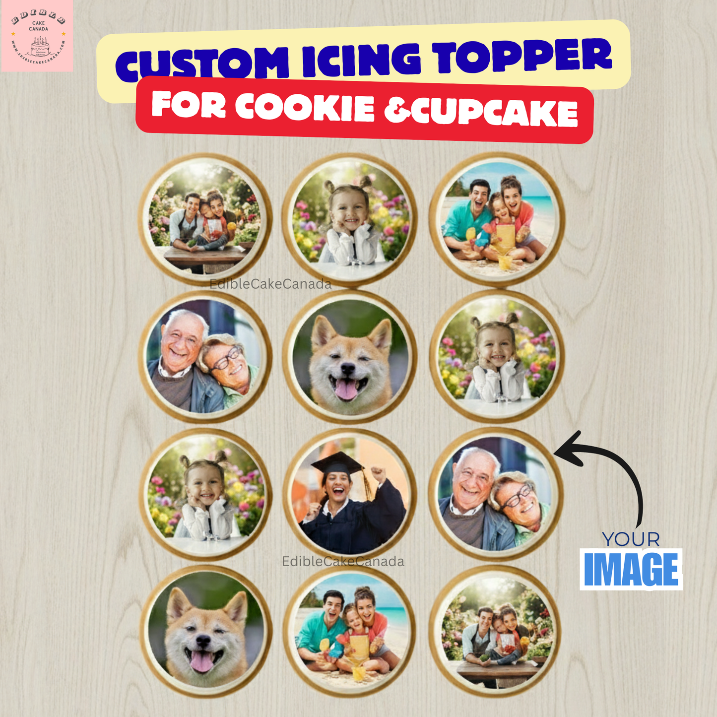 Feuille de glaçage avec logo et image photo personnalisée comestible pour cupcakes, biscuits et biscuits