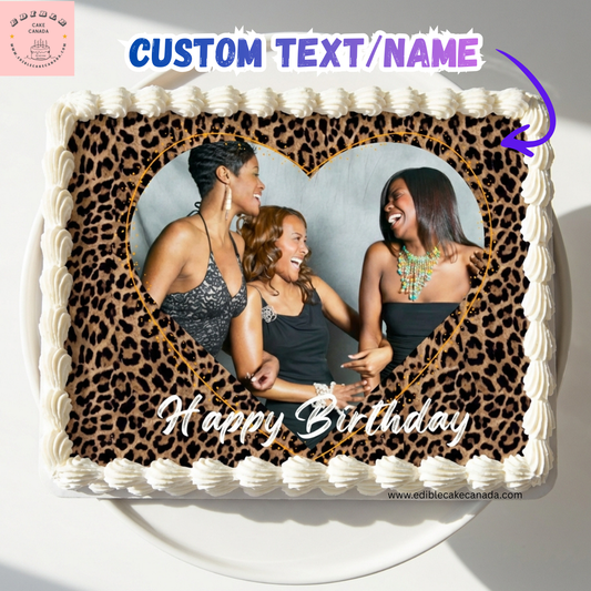 Custom Photo Edible Cake Topper – Leopard Print Heart Icing Sheet with Personalized Text