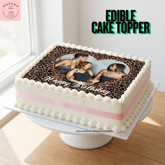 Custom Photo Edible Cake Topper – Leopard Print Heart Icing Sheet with Personalized Text