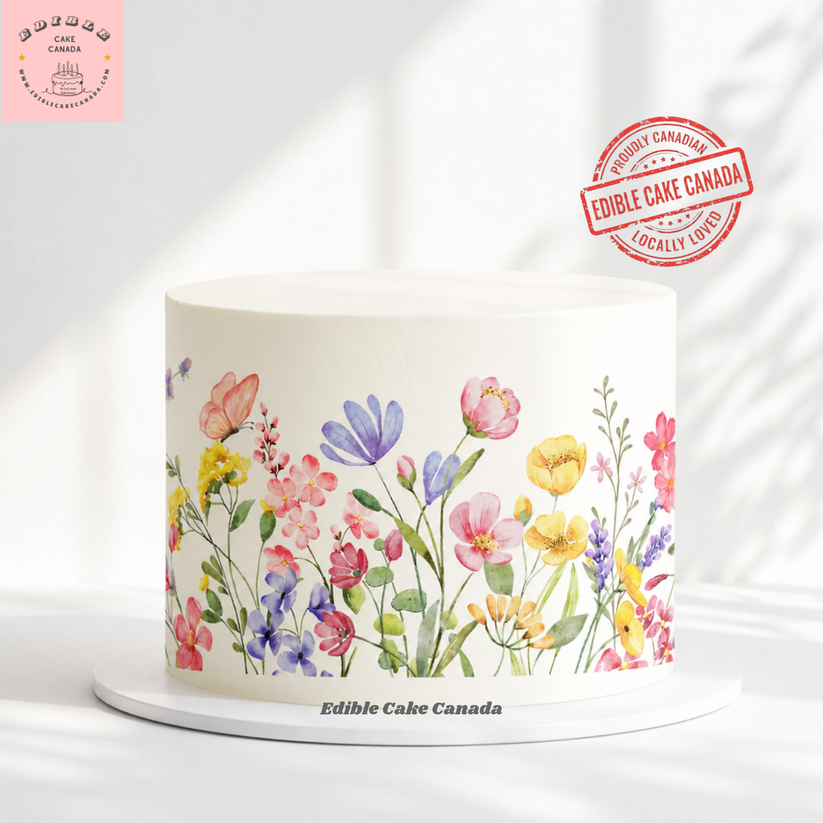 Watercolor floral edible cake wrap 8x10 with wildflower meadow design