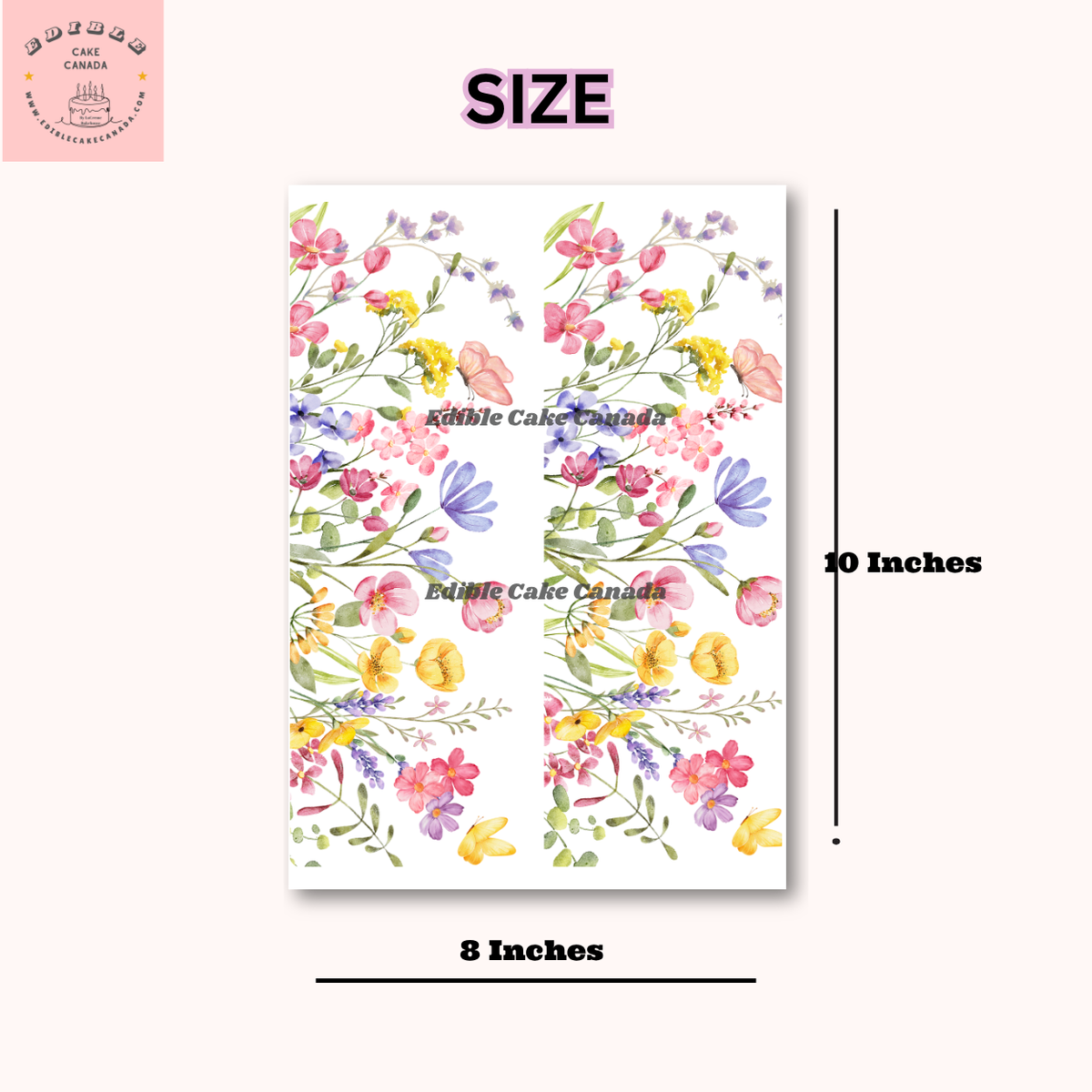 Floral Edible Cake Wrap 8"x10" – Wildflower Meadow watercolor design Icing Sheet with Pink Butterfly Cake Decorating