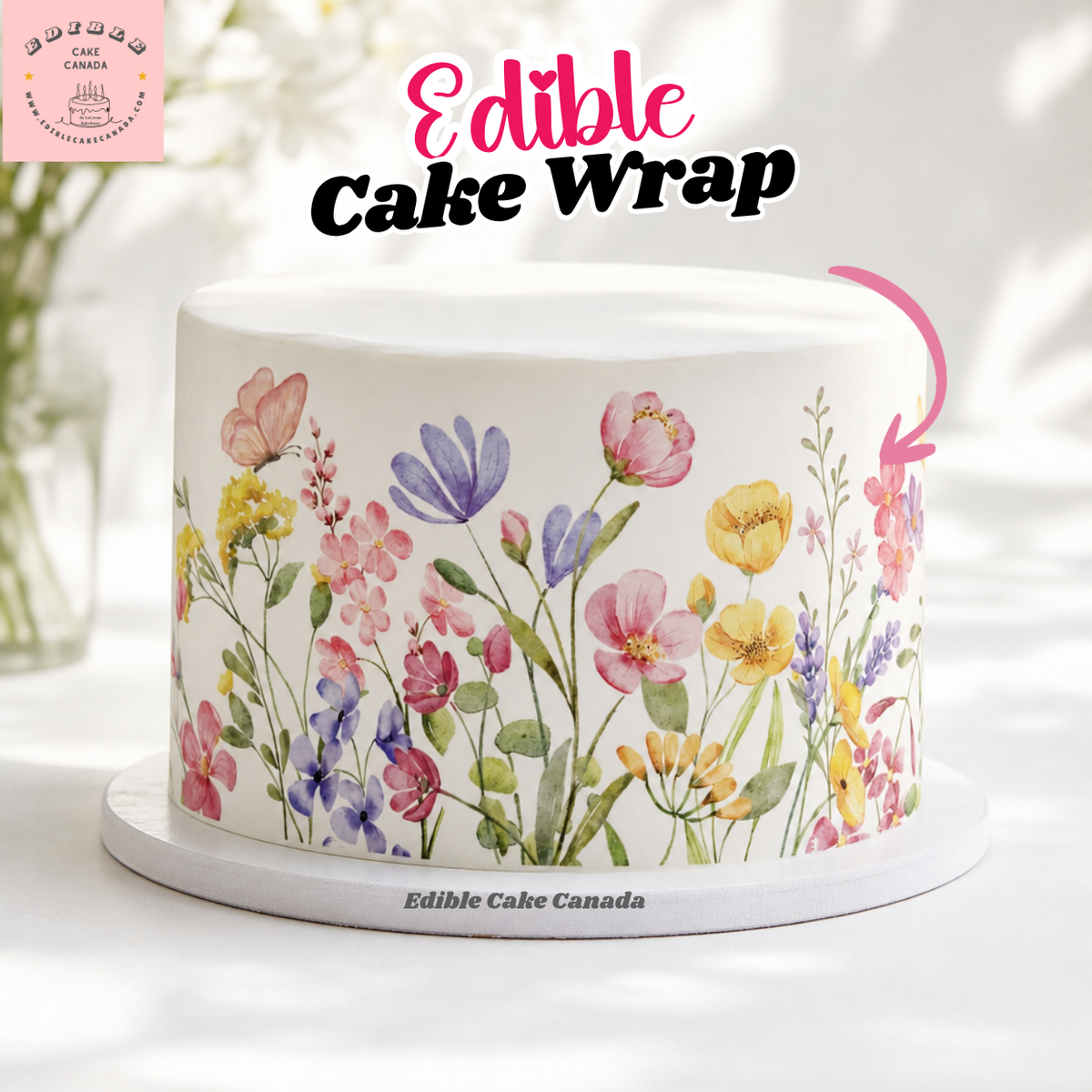 edible cake wrap · edible icing sheet · watercolor floral cake decoration · wildflower edible image · 8x10 edible cake topper · pink butterfly cake wrap · cake decorating supplies